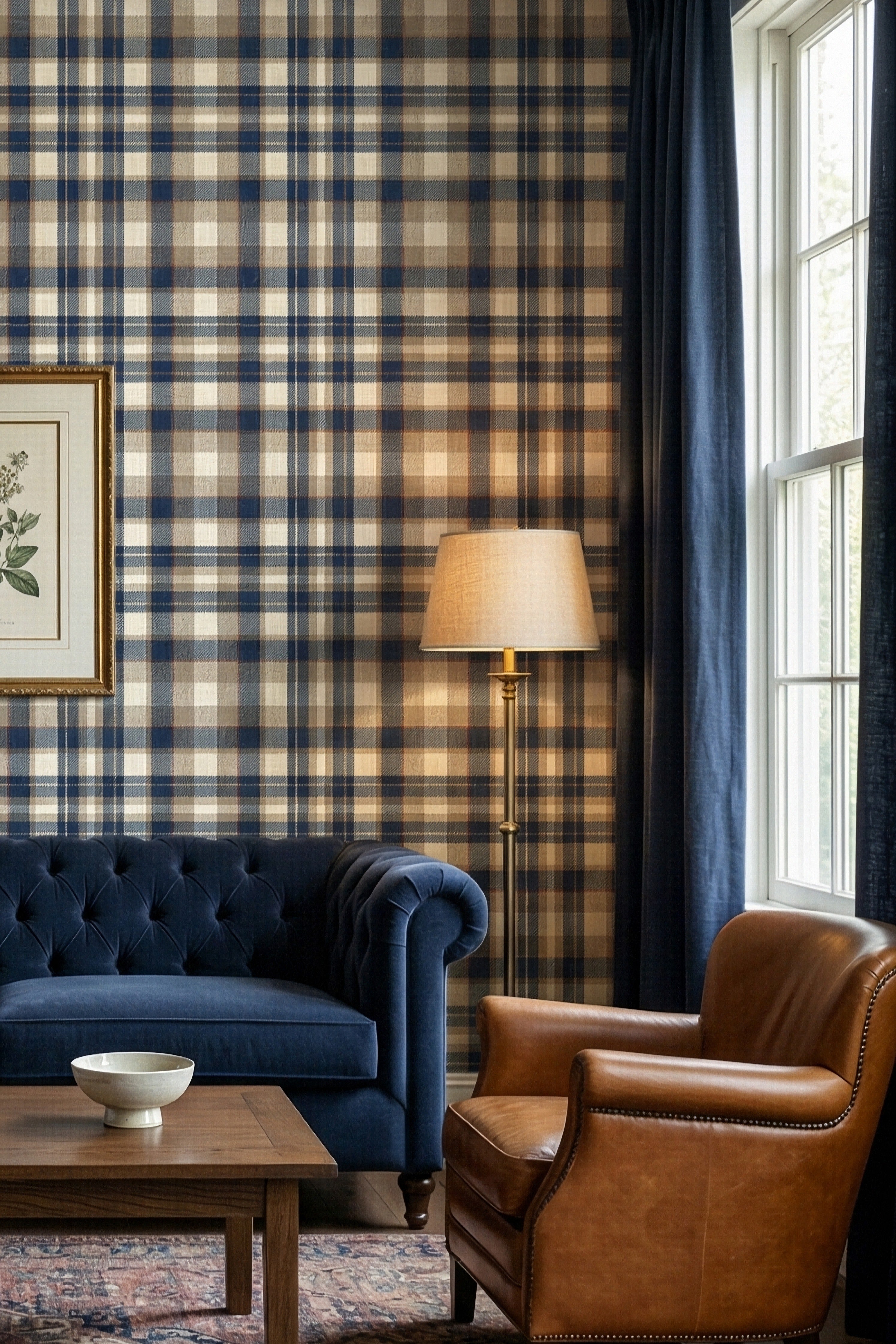 Navy and denim-blue plaid wallpaper in a living room.