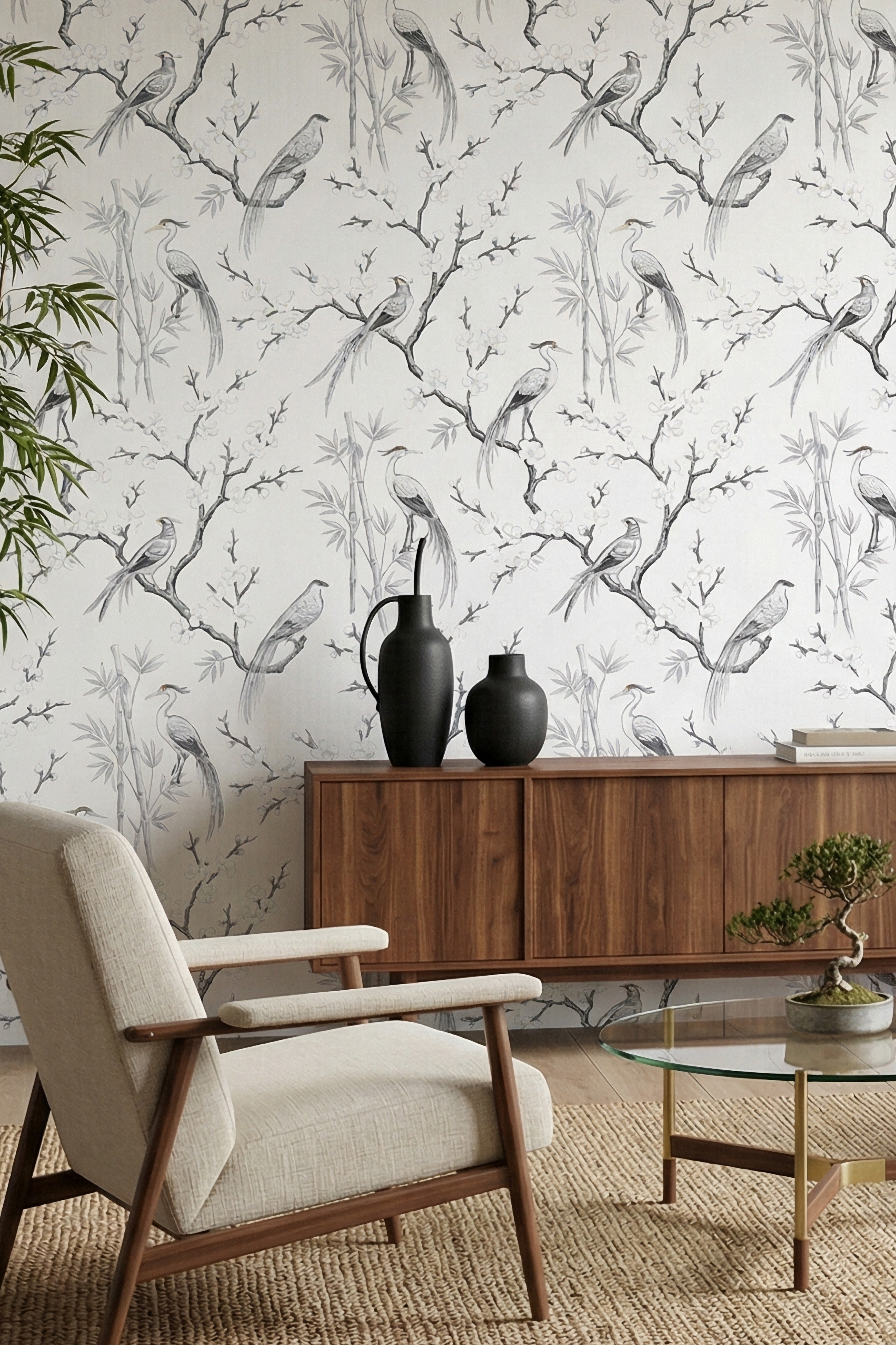 Black and white cranes and bamboo wallpaper in a living room.