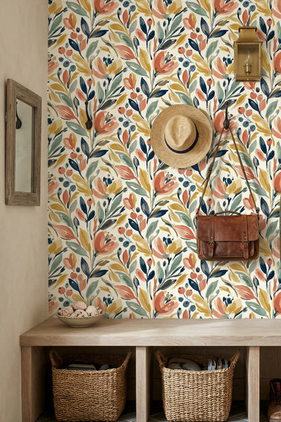 Peach and navy watercolor wildflower wallpaper in a mudroom.