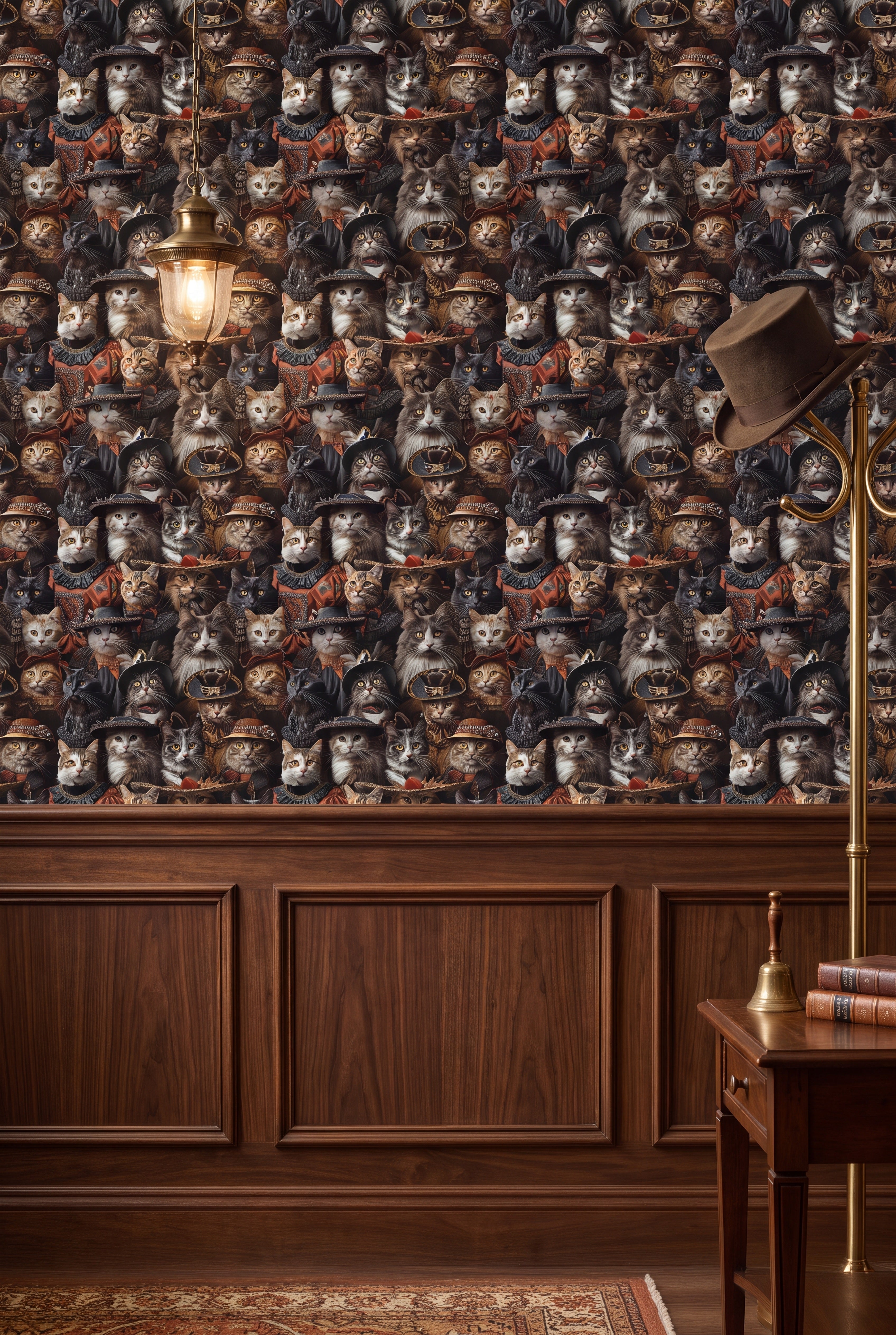 Victorian cats in coats and hats on a dark wallpaper in an entryway.
