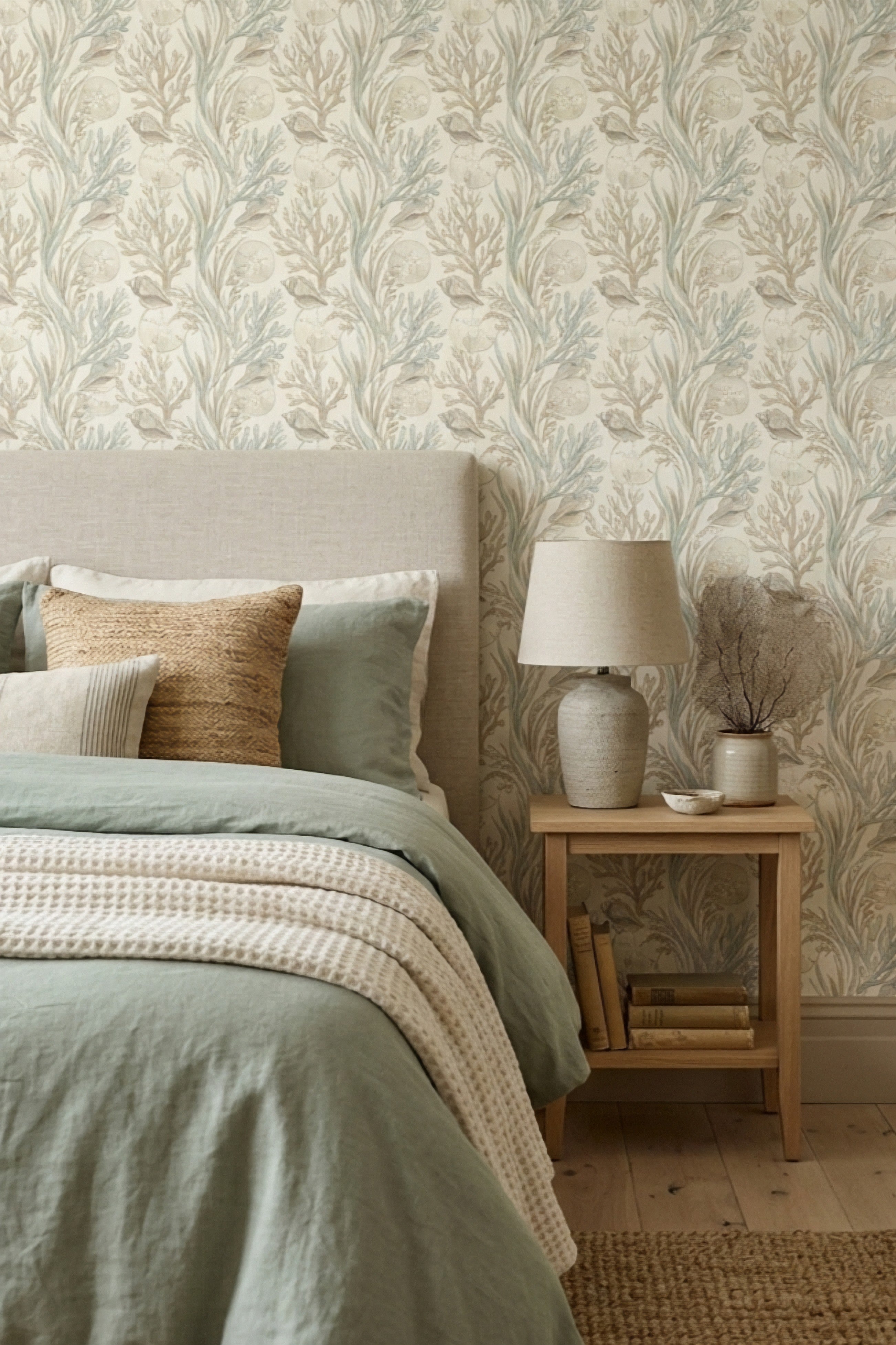 Sage green and cream scallop and wave wallpaper in a bedroom.