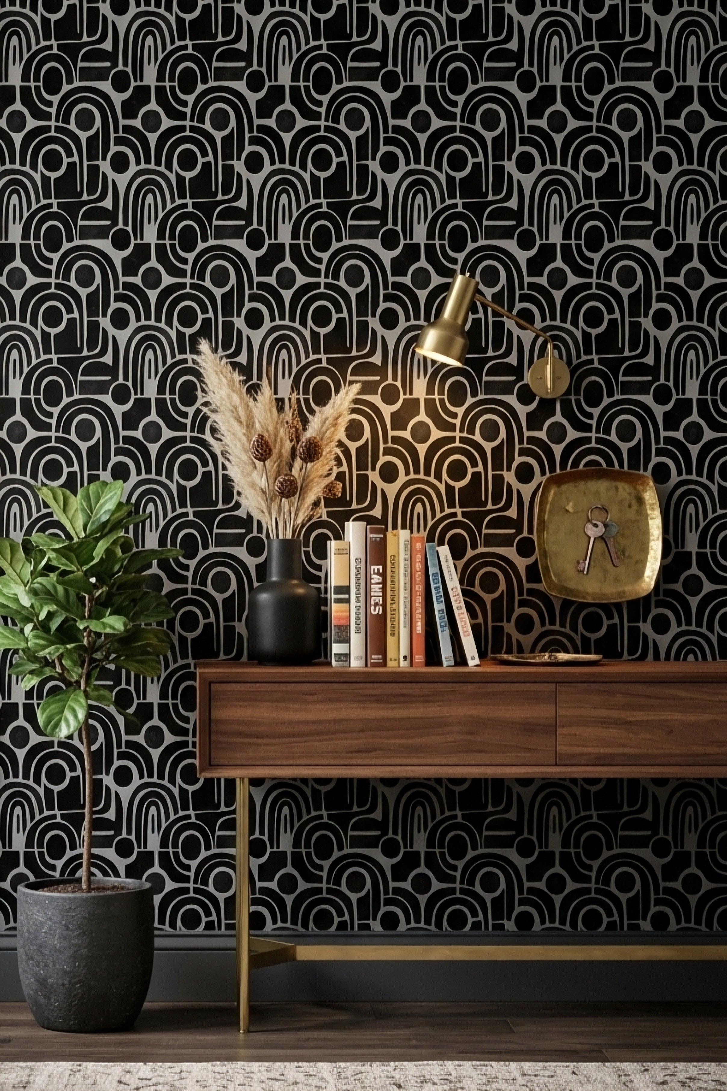 Black and gray retro circles and swirls on monochrome wallpaper in an entryway.