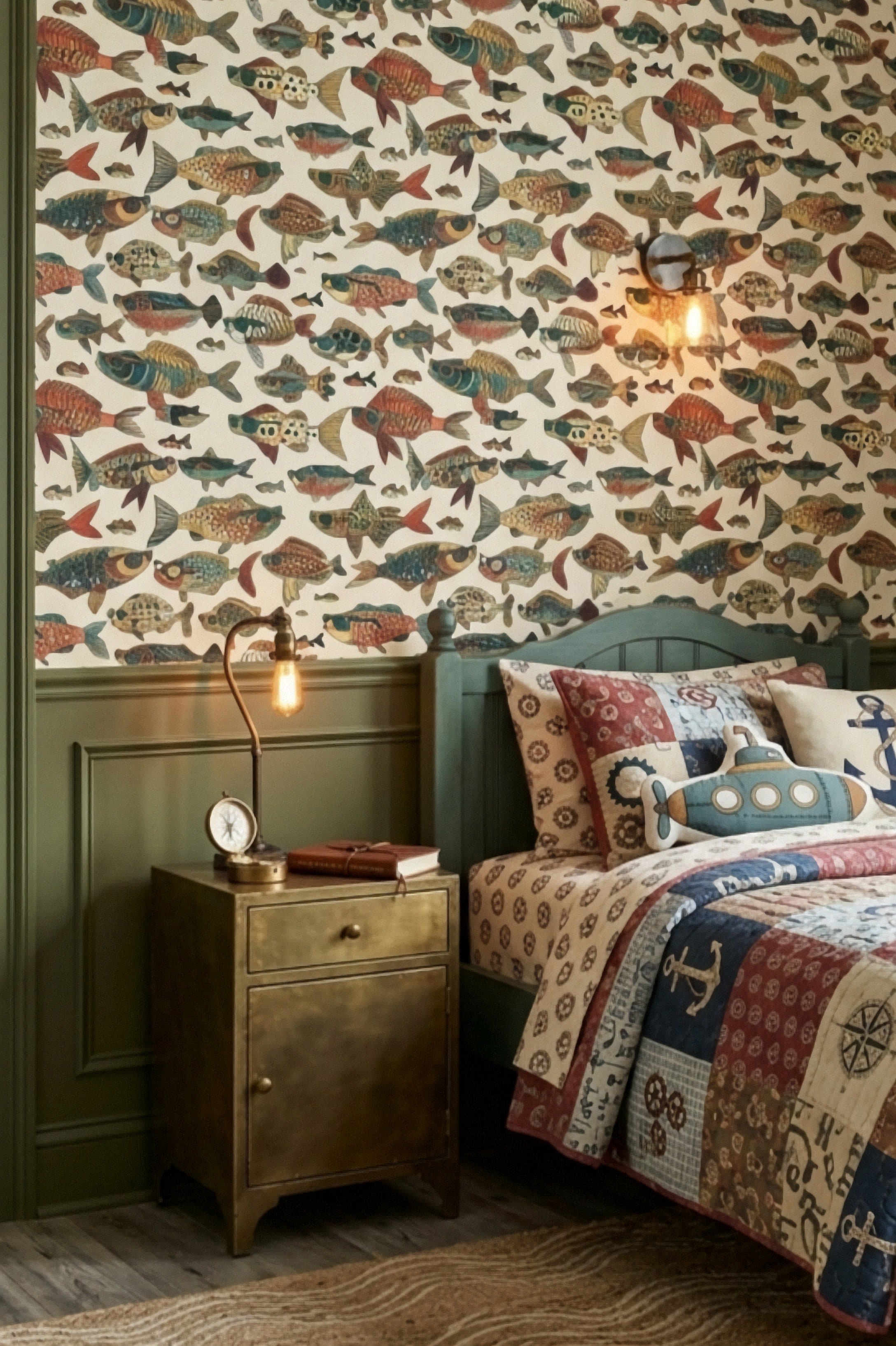 Cream and earth-toned fish in sunglasses wallpaper in a bedroom.