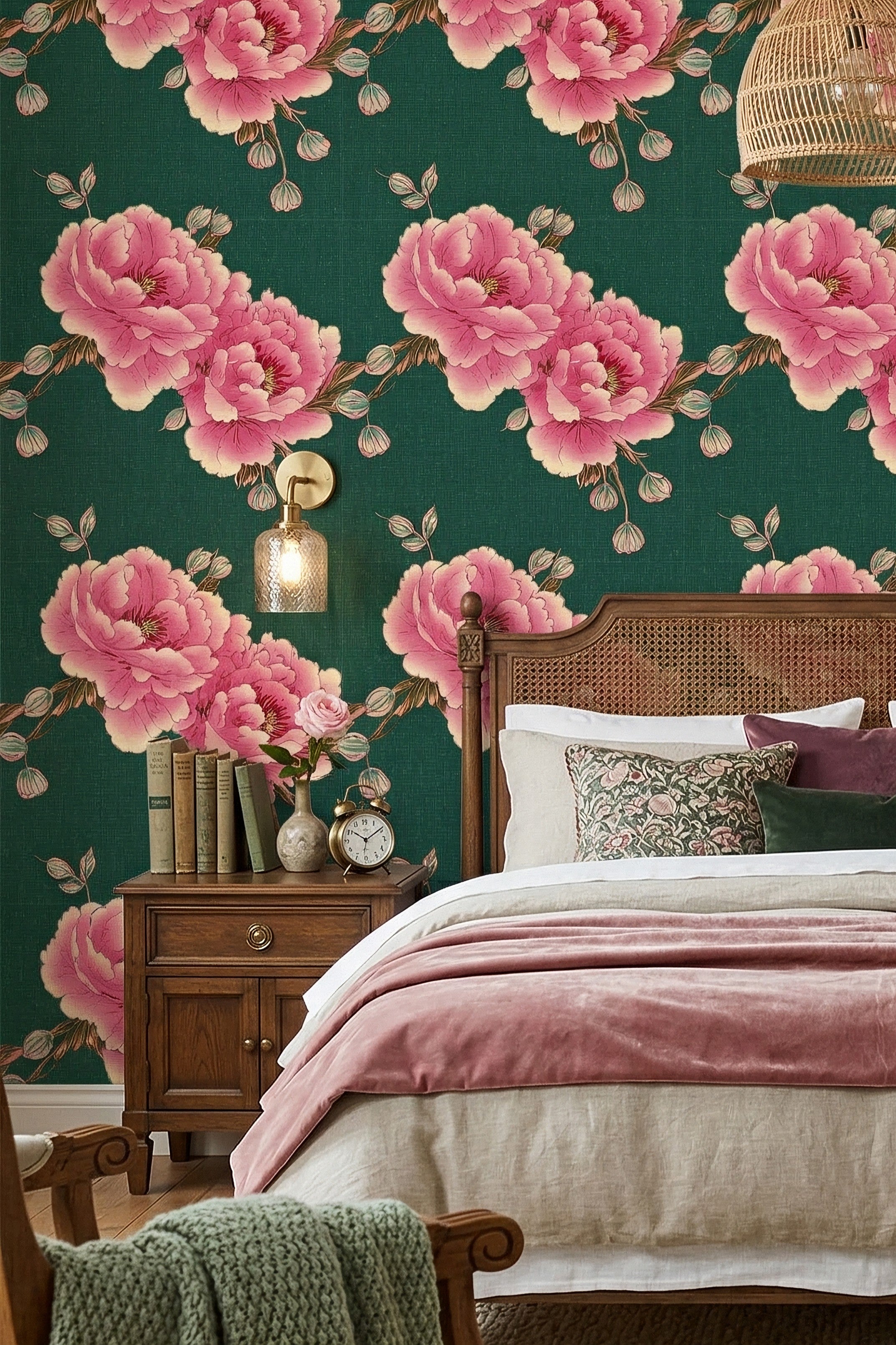 Full pink peonies on a deep green floral wallpaper in a bedroom.