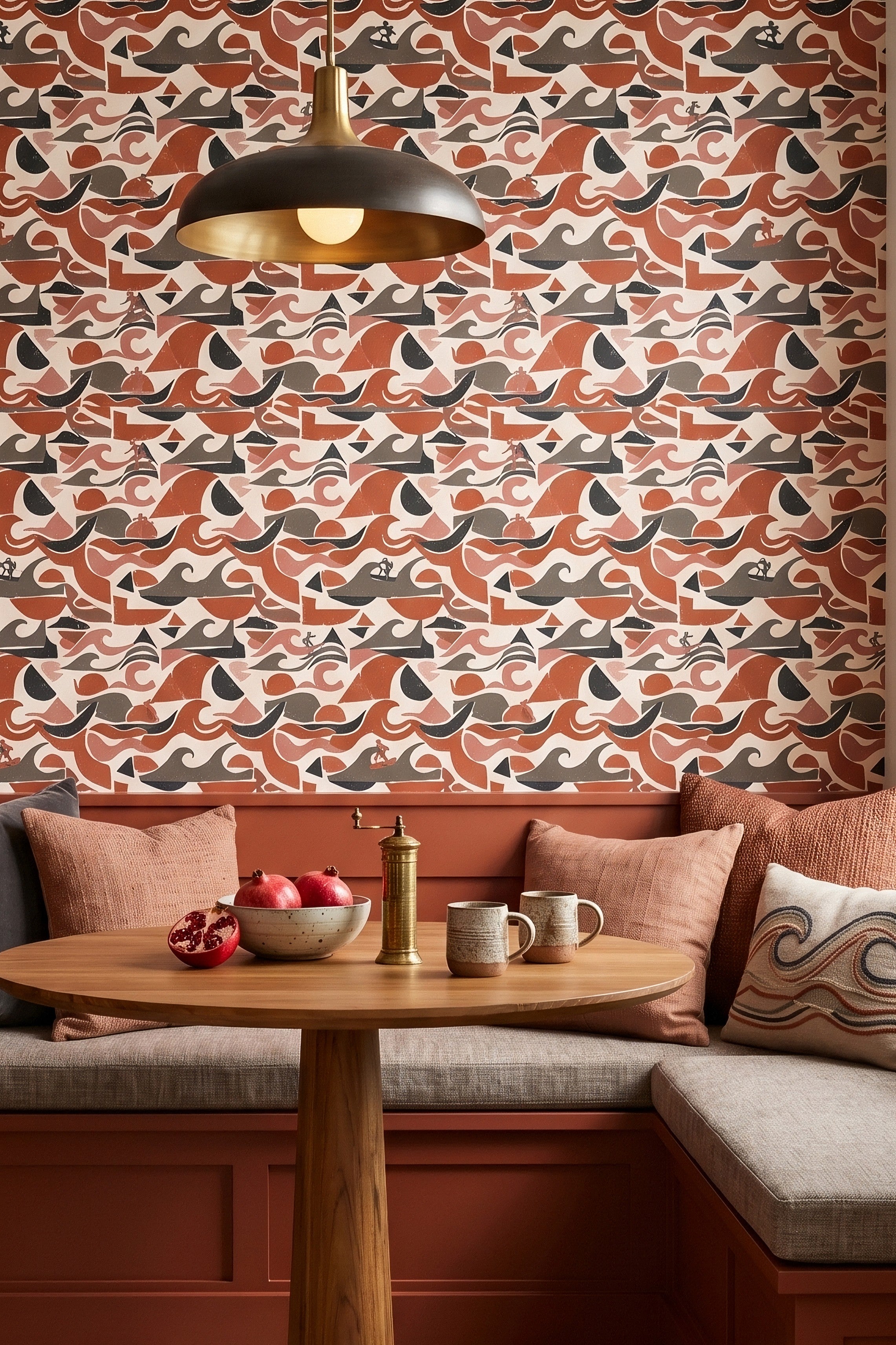 Terracotta and blush abstract wave wallpaper in a kitchen nook.