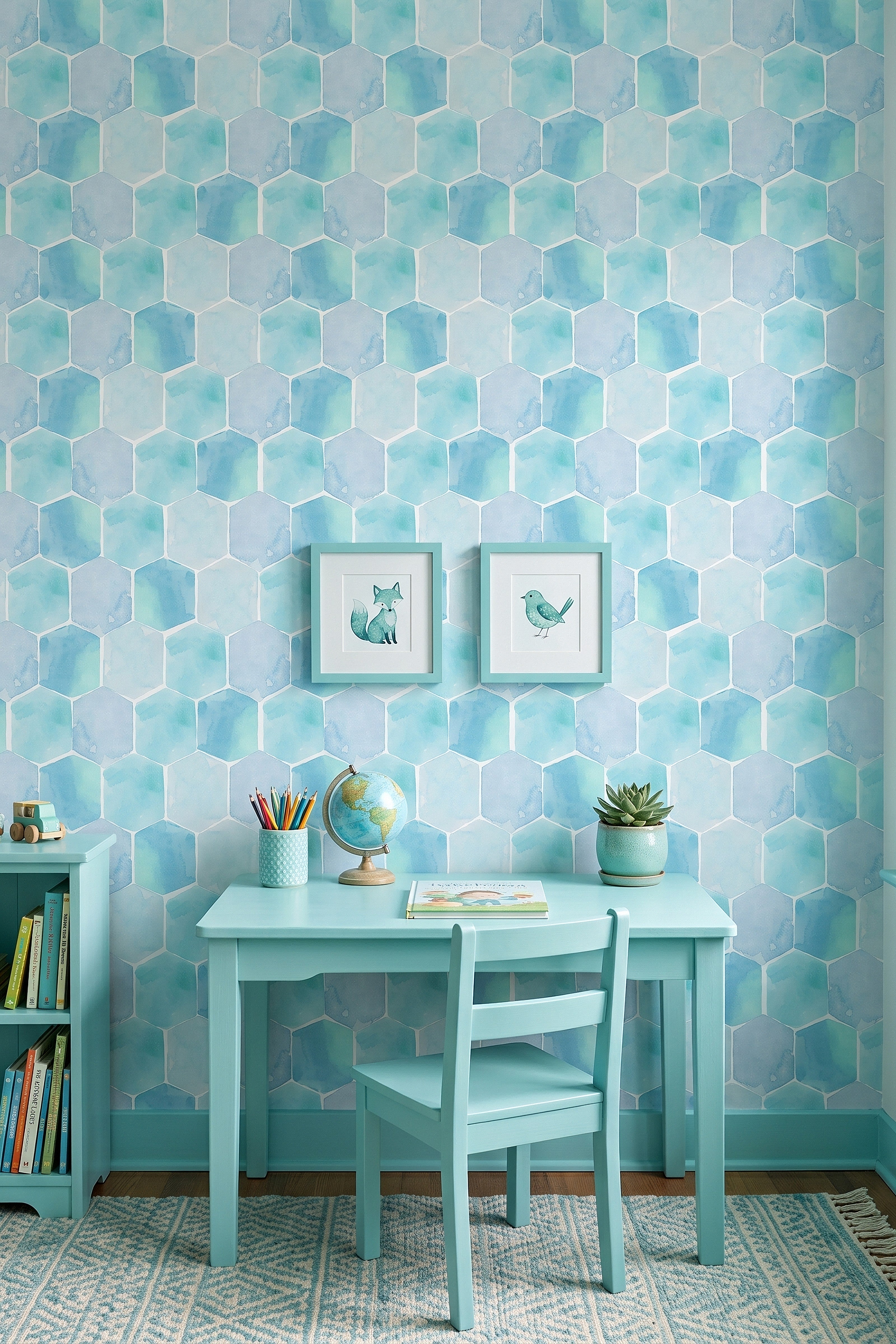 Watercolor hexagon tiles in soft spa blues wallpaper in a kids' room.