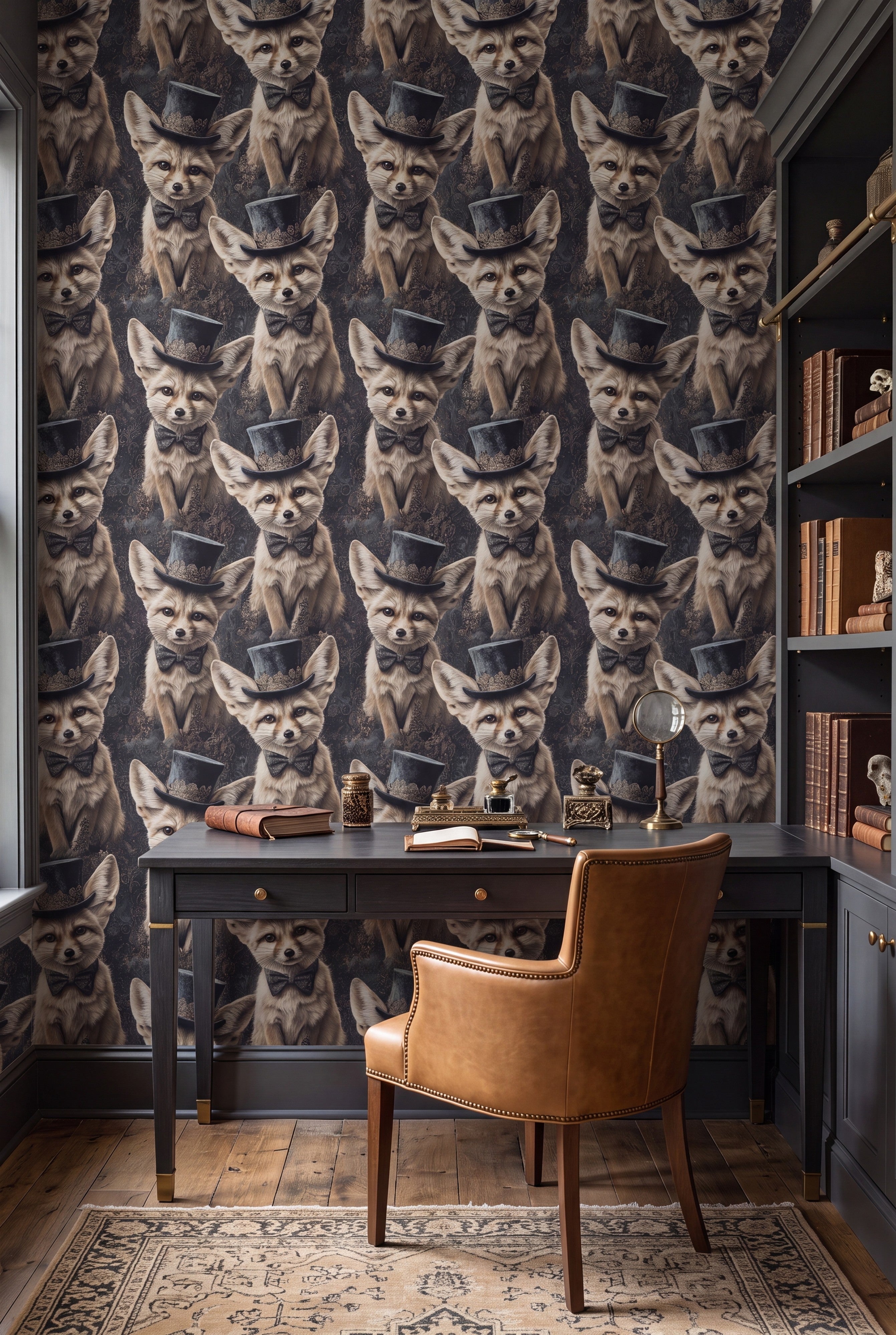 Cream and charcoal fennec fox in a top hat wallpaper in a home office.