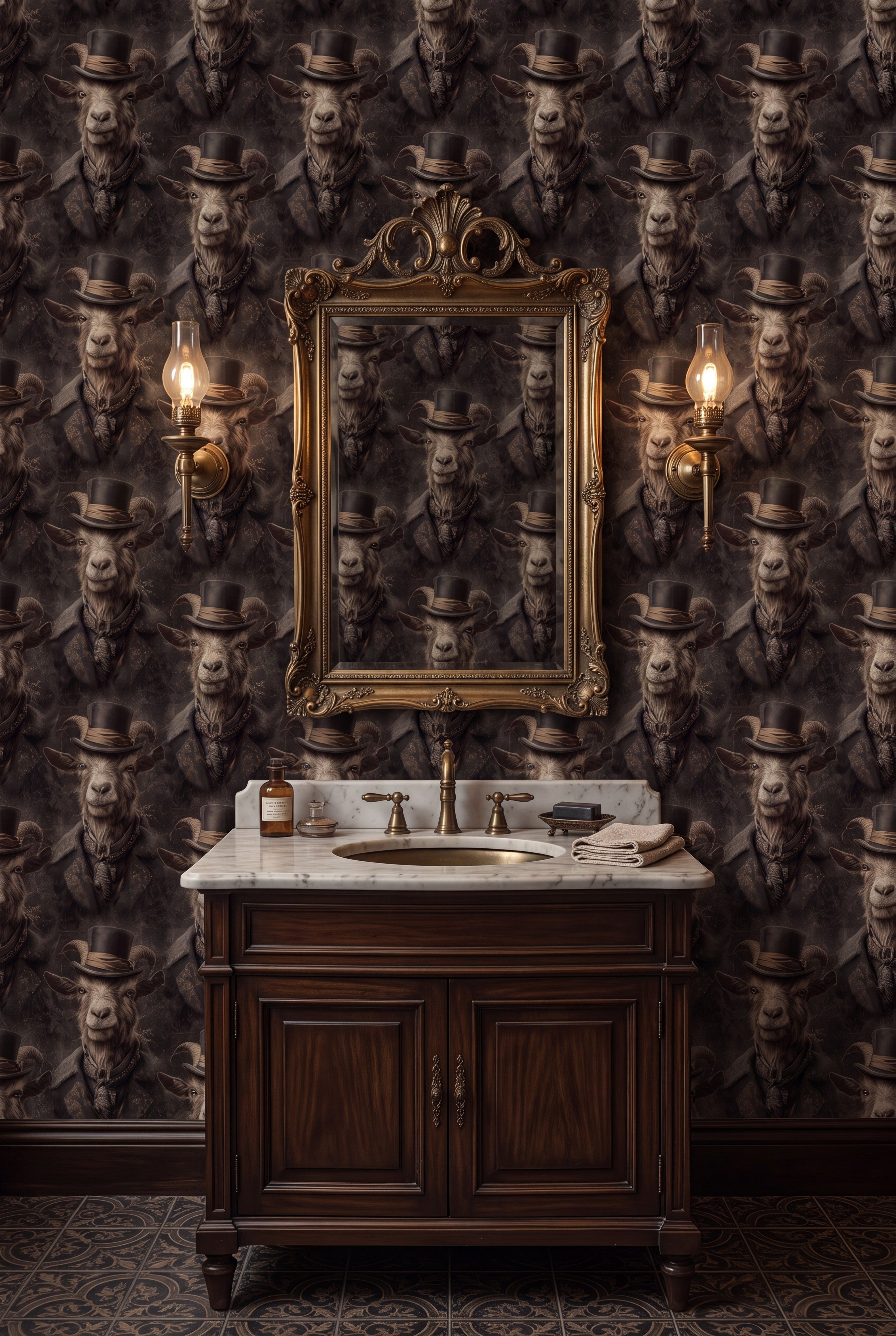 Brown and charcoal goat in a top hat wallpaper in a powder room.