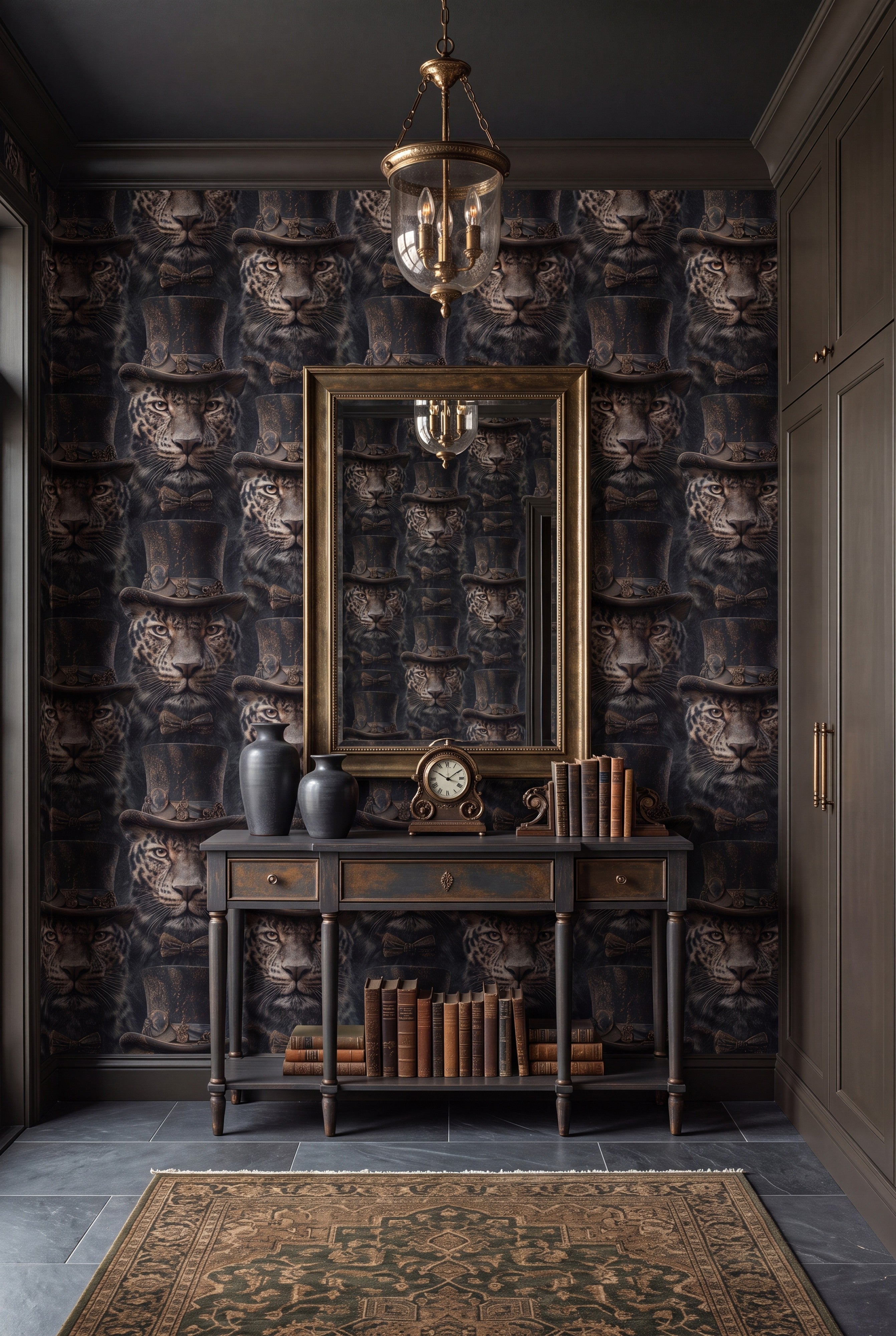 Charcoal and gold leopard wallpaper in an entryway.
