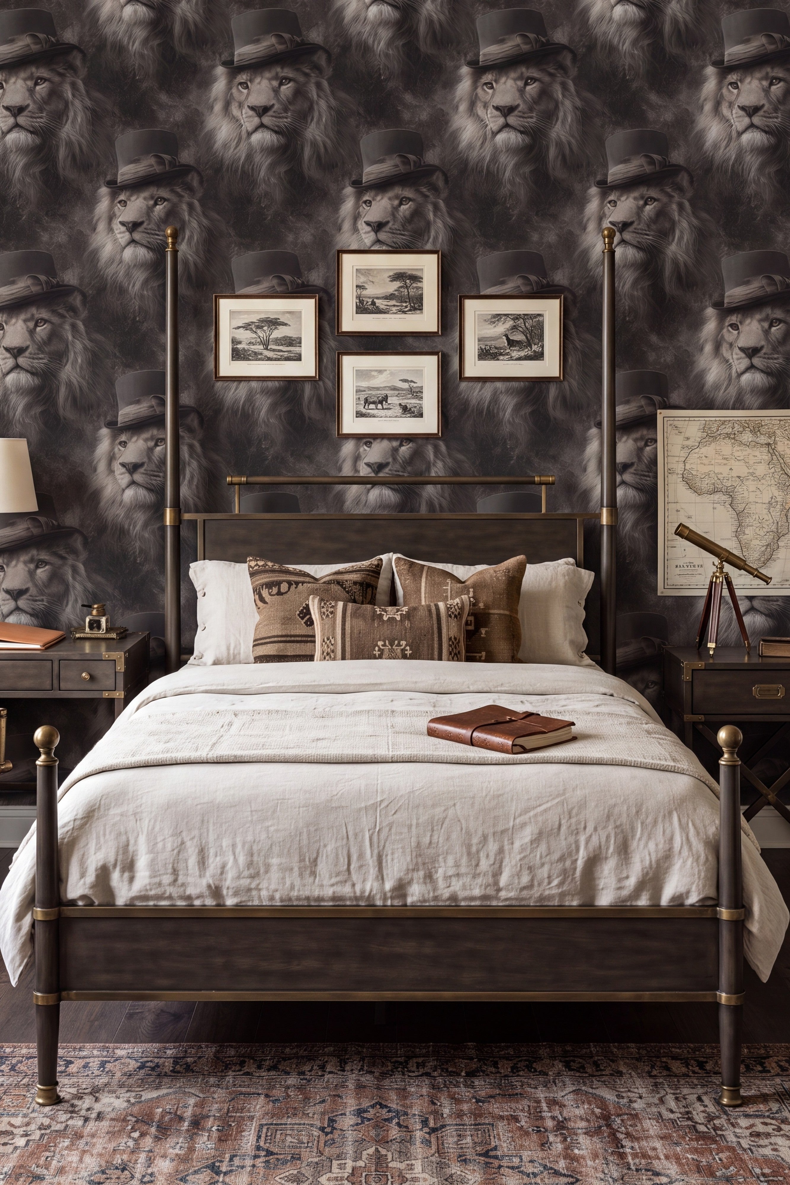 Silver gray lion in a top hat wallpaper in a bedroom.