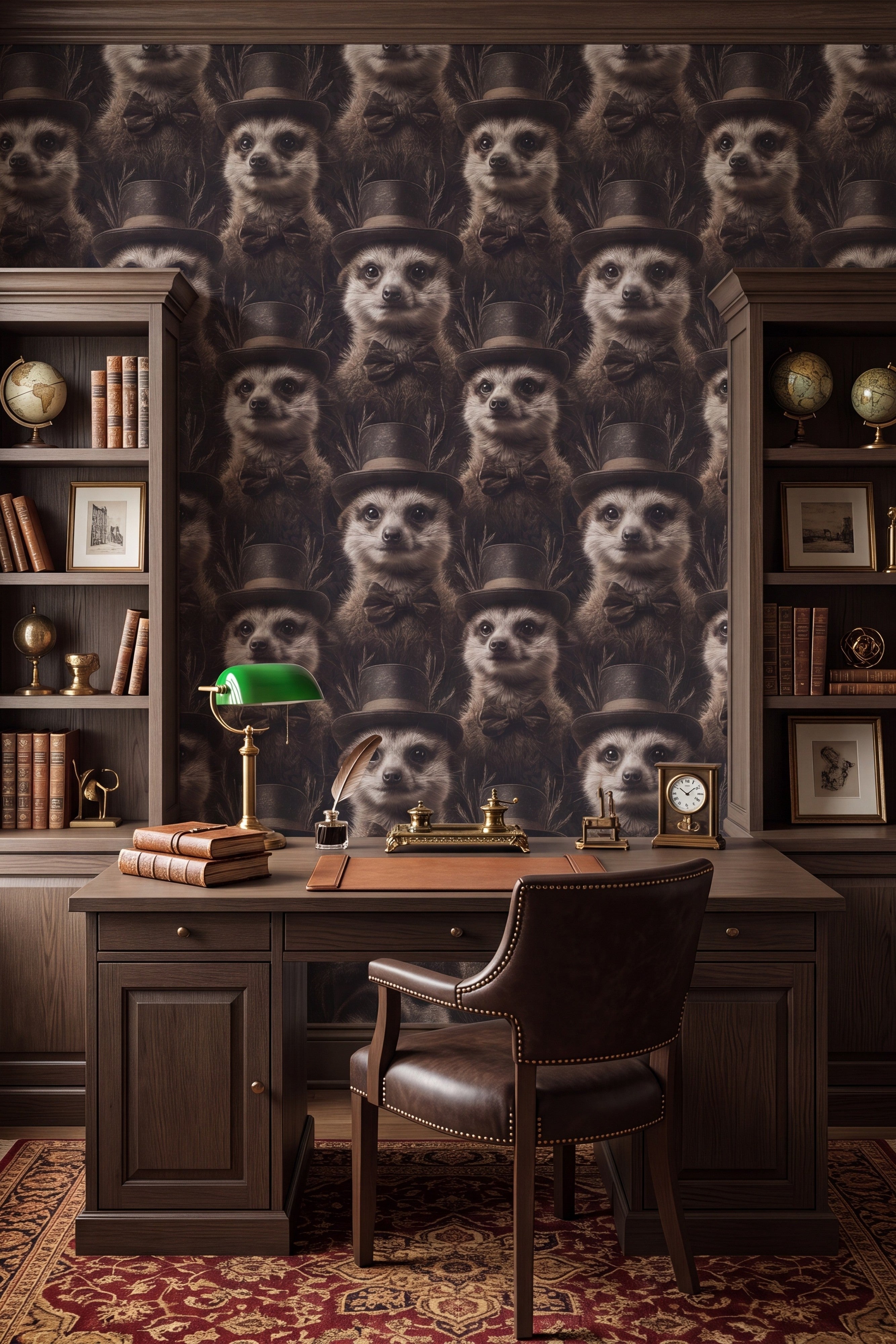 Brown meerkat in a top hat wallpaper in a home office.