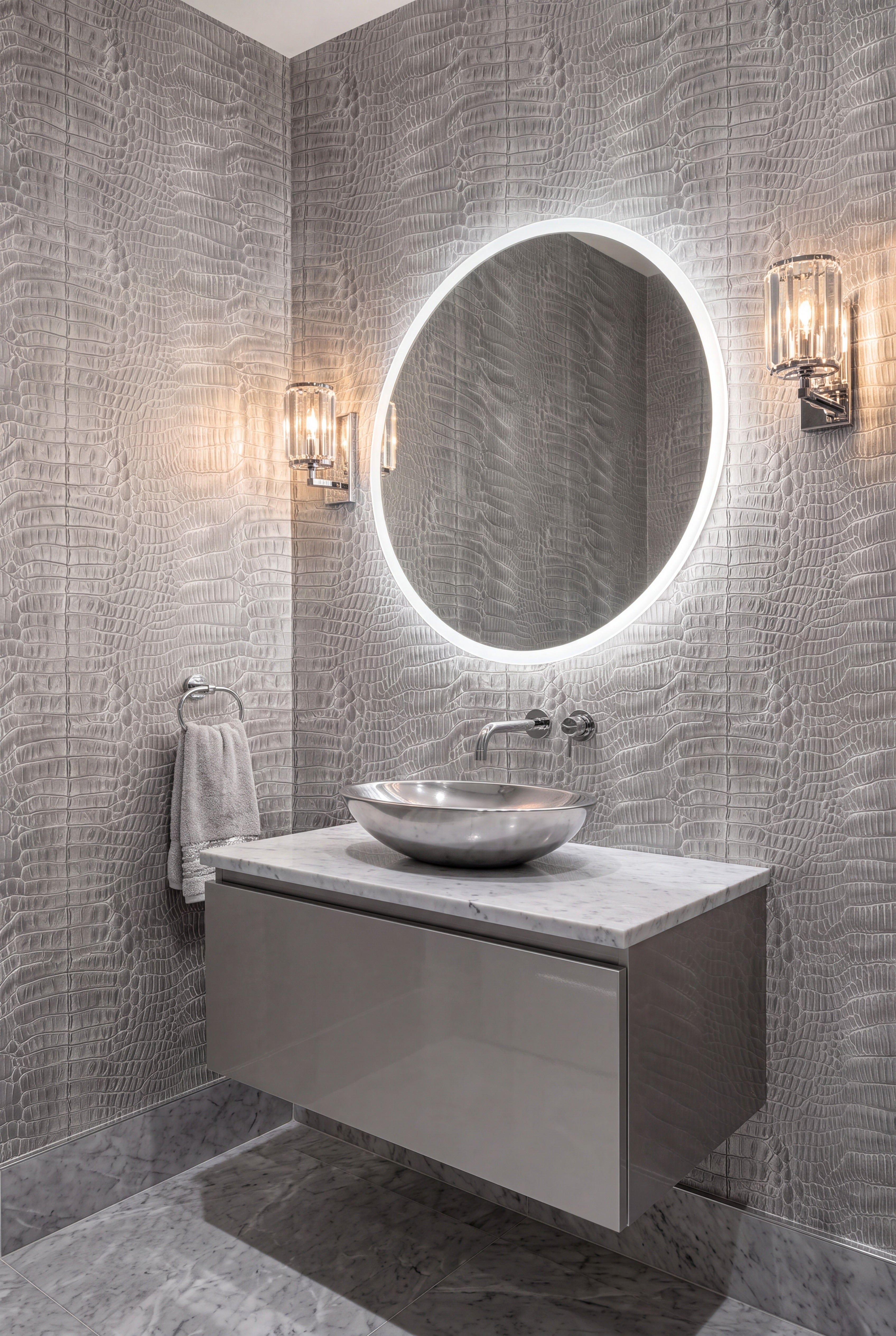 Faux crocodile skin texture in a luxe brown wallpaper in a powder room.