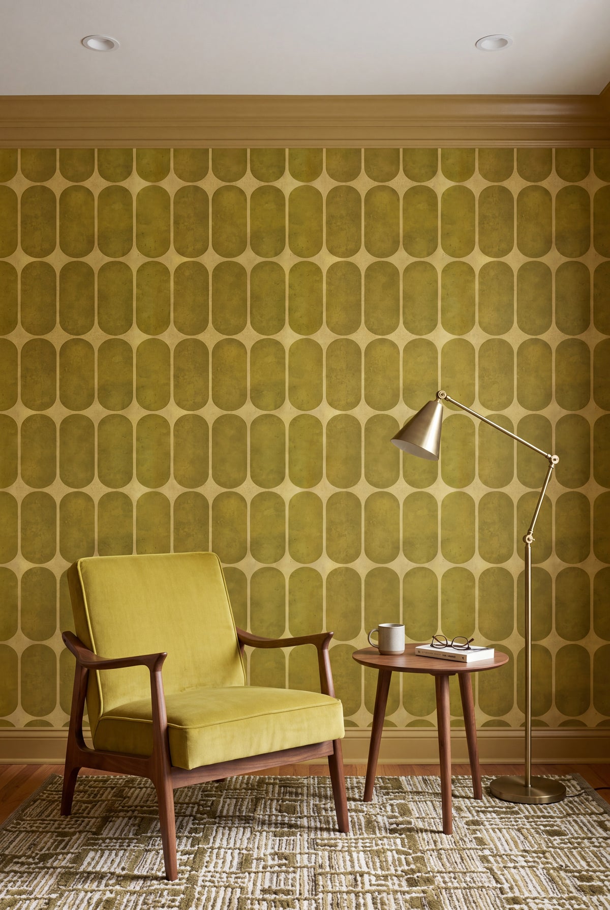 Chartreuse citron capsule grid wallpaper in a cozy reading nook.