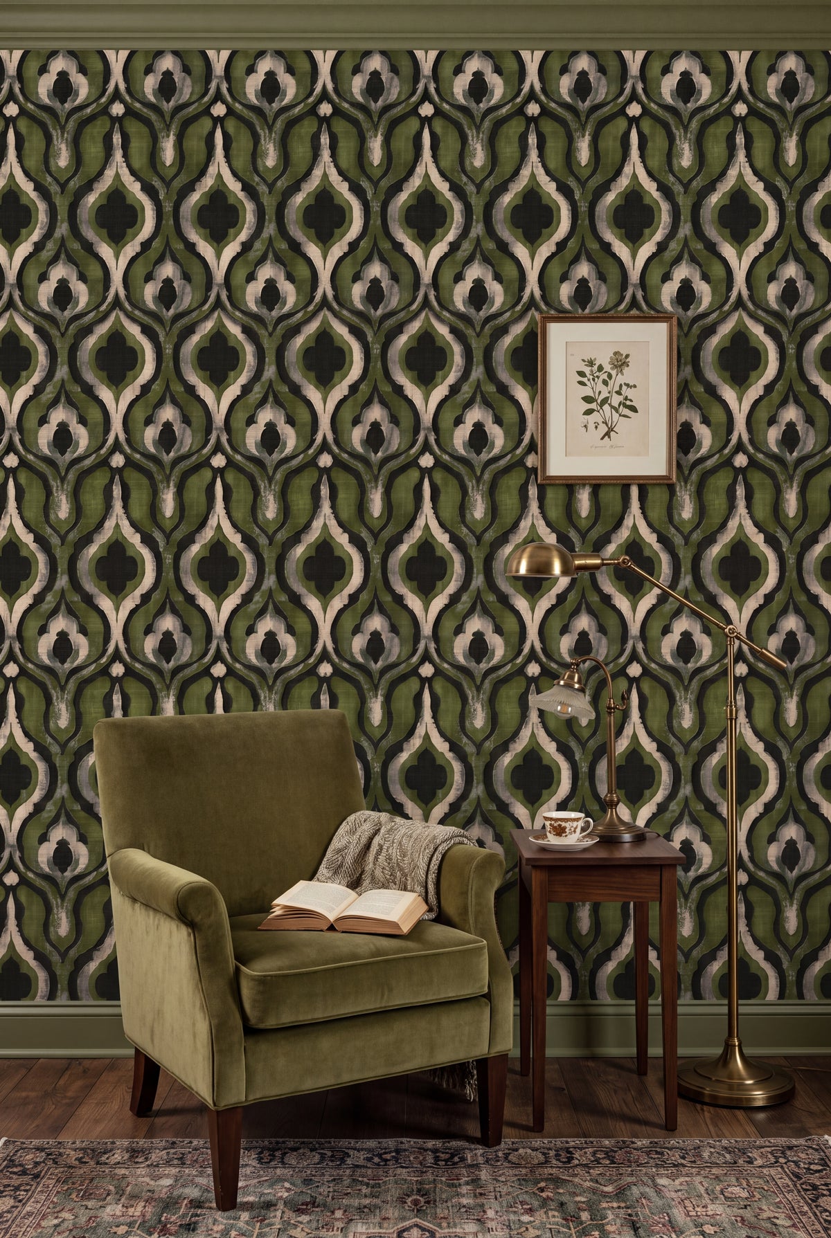 Olive moss ogee lantern damask wallpaper in a cozy reading nook.