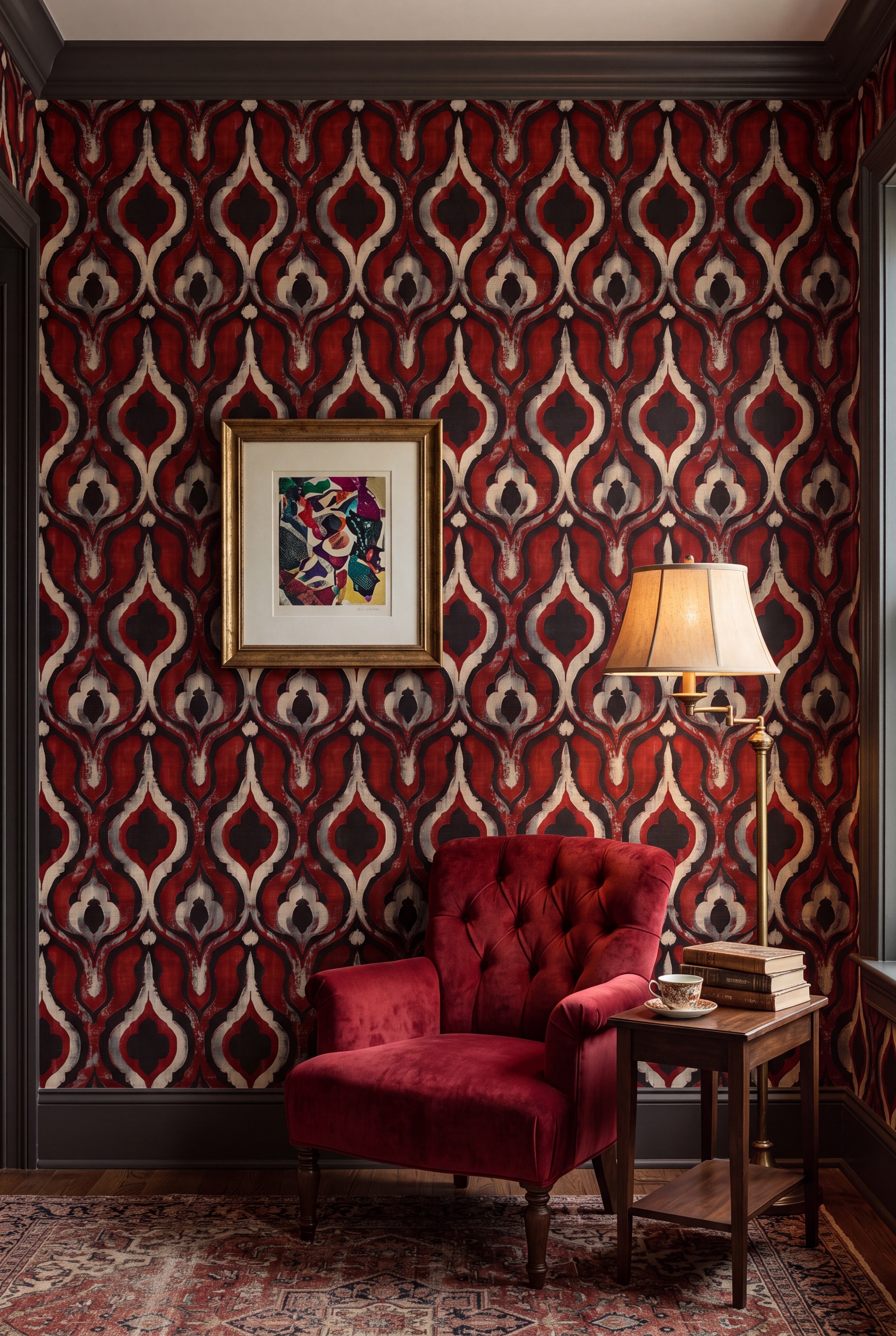Crimson red ogee lantern damask wallpaper in a cozy reading nook.