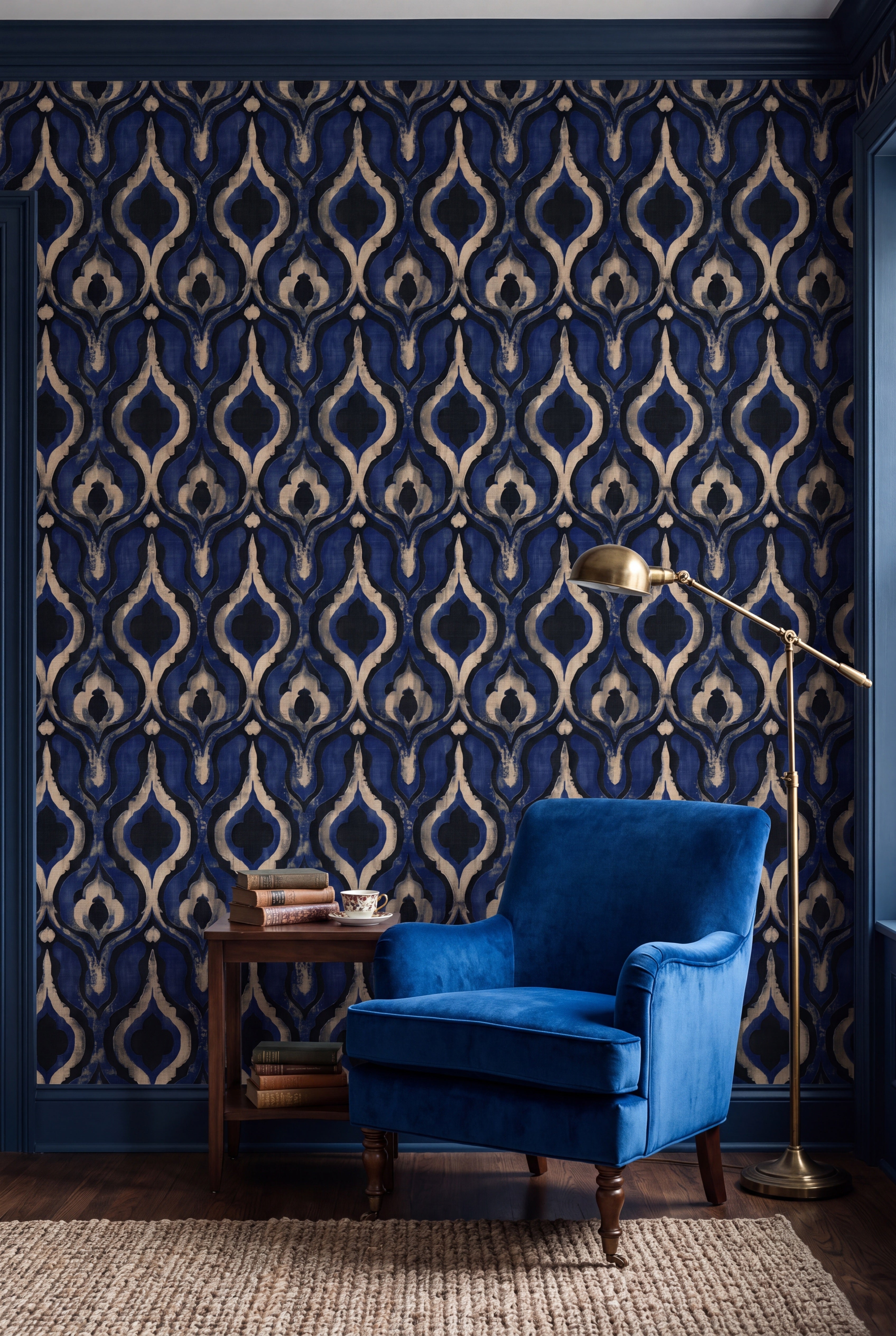Cobalt blue ogee lantern damask wallpaper in a cozy reading nook.