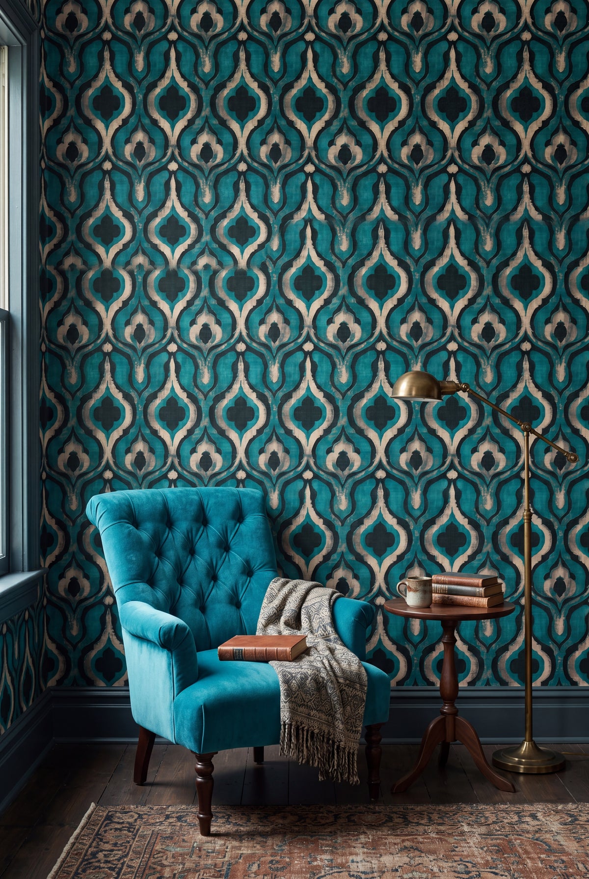 Vivid teal ogee lantern damask wallpaper in a cozy reading nook.