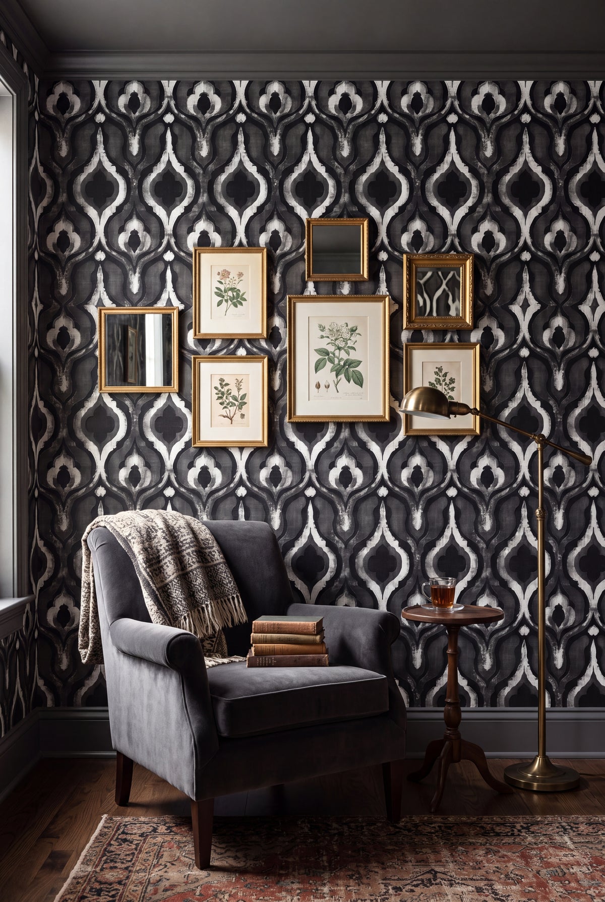 Charcoal gray ogee lantern damask wallpaper in a cozy reading nook.