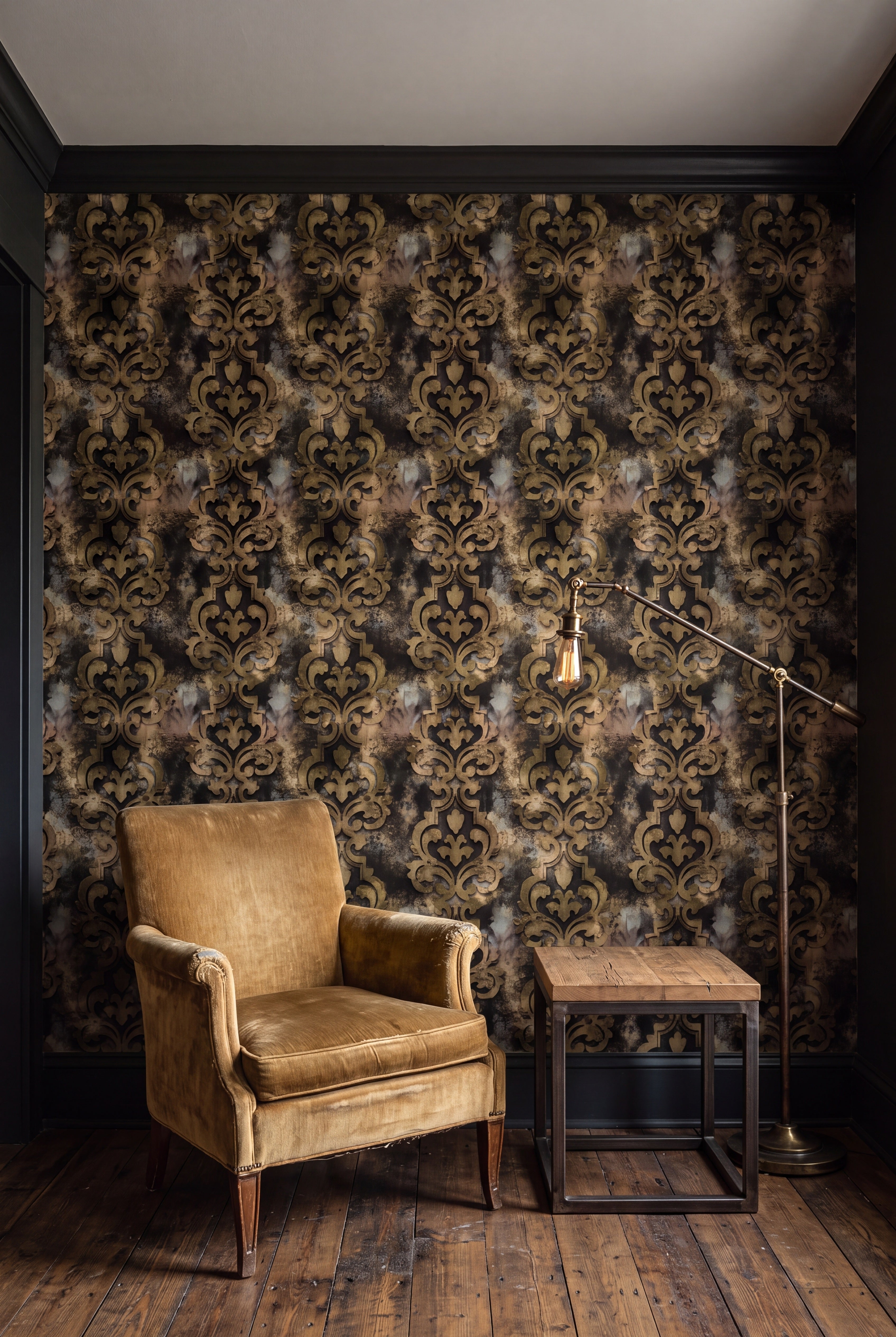 Antique gold distressed damask wallpaper in a cozy reading nook.