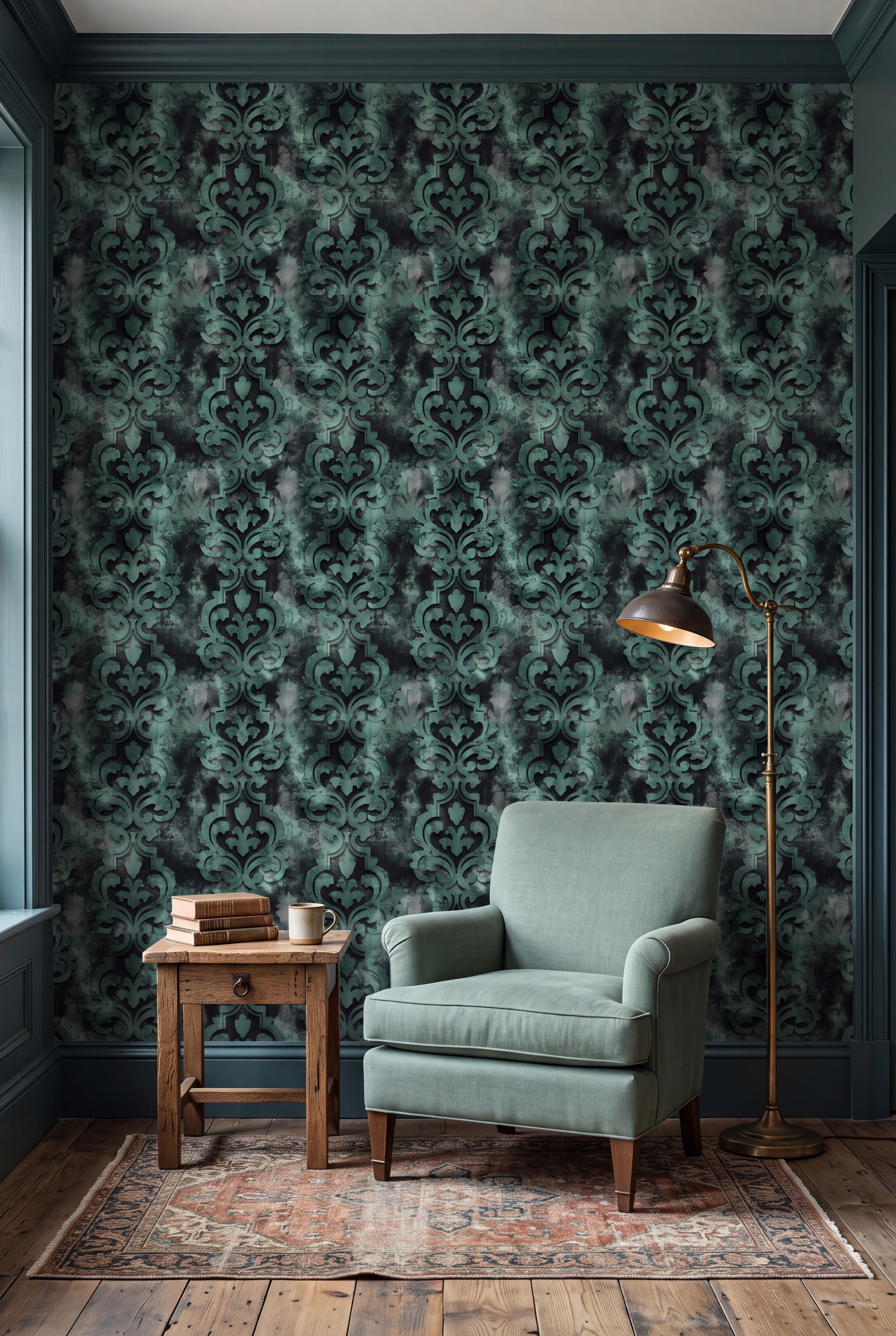 Seafoam sage distressed damask wallpaper in a cozy reading nook.