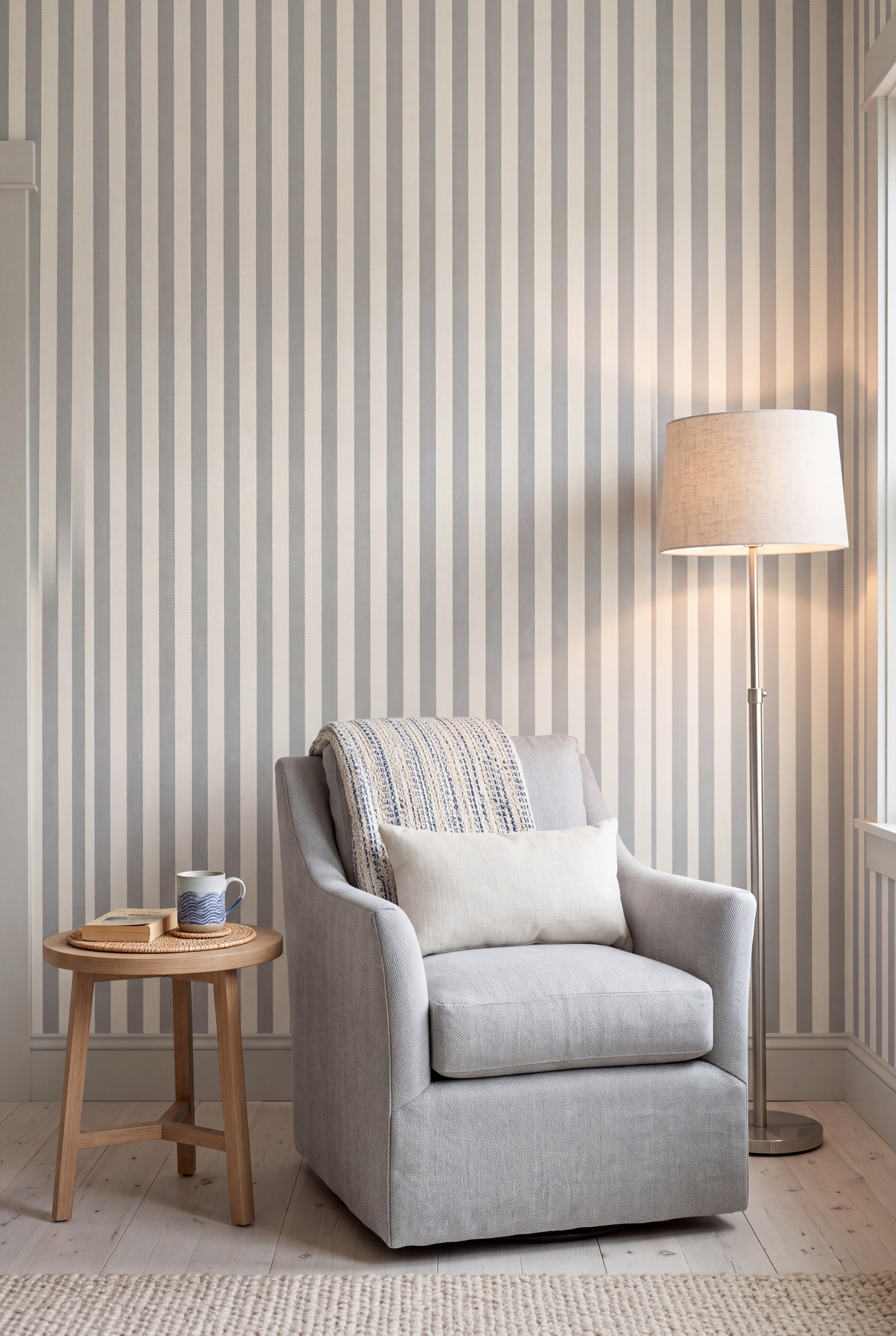 Silver gray pinked edge stripe wallpaper in a cozy reading nook.