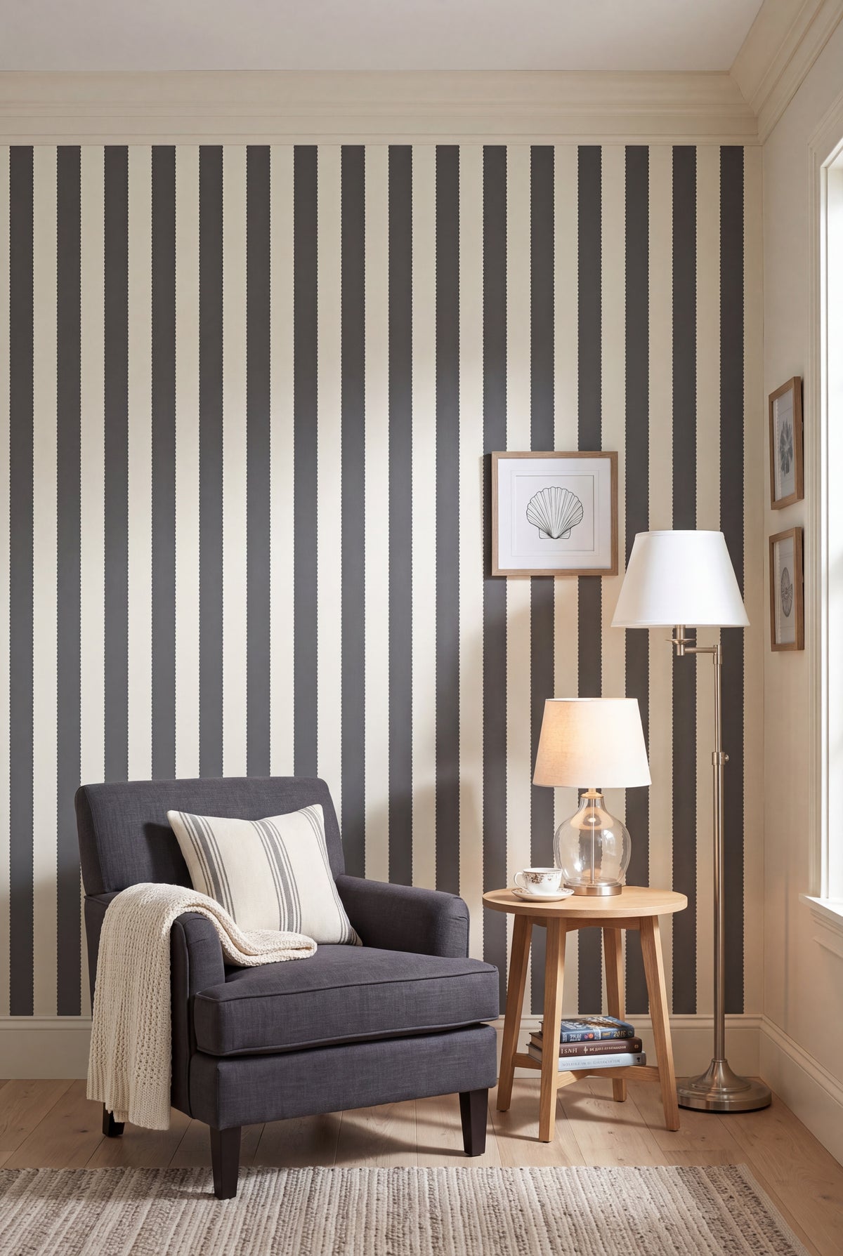 Deep charcoal pinked edge stripe wallpaper in a cozy reading nook.