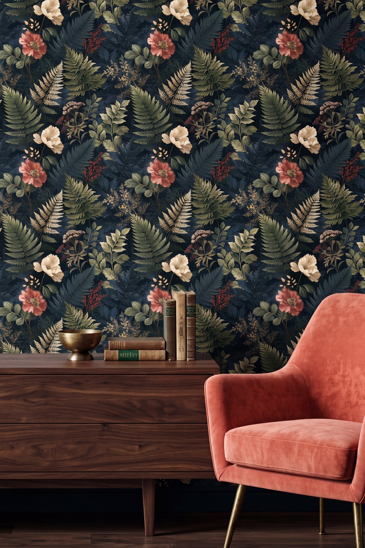 Green ferns and coral poppies on deep teal navy botanical wallpaper in a living room.