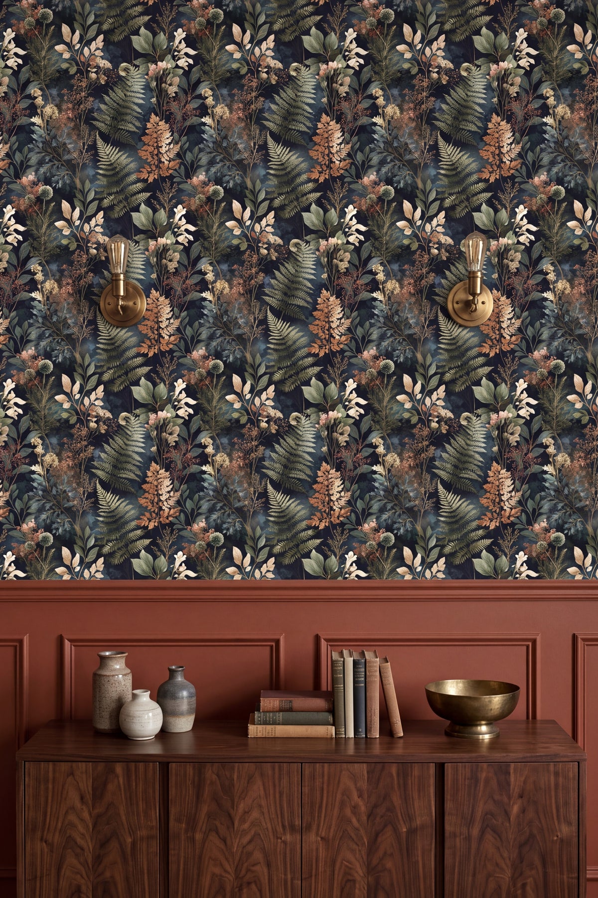 Rust and copper bracken with white lilies on dark navy wallpaper in a dining room.