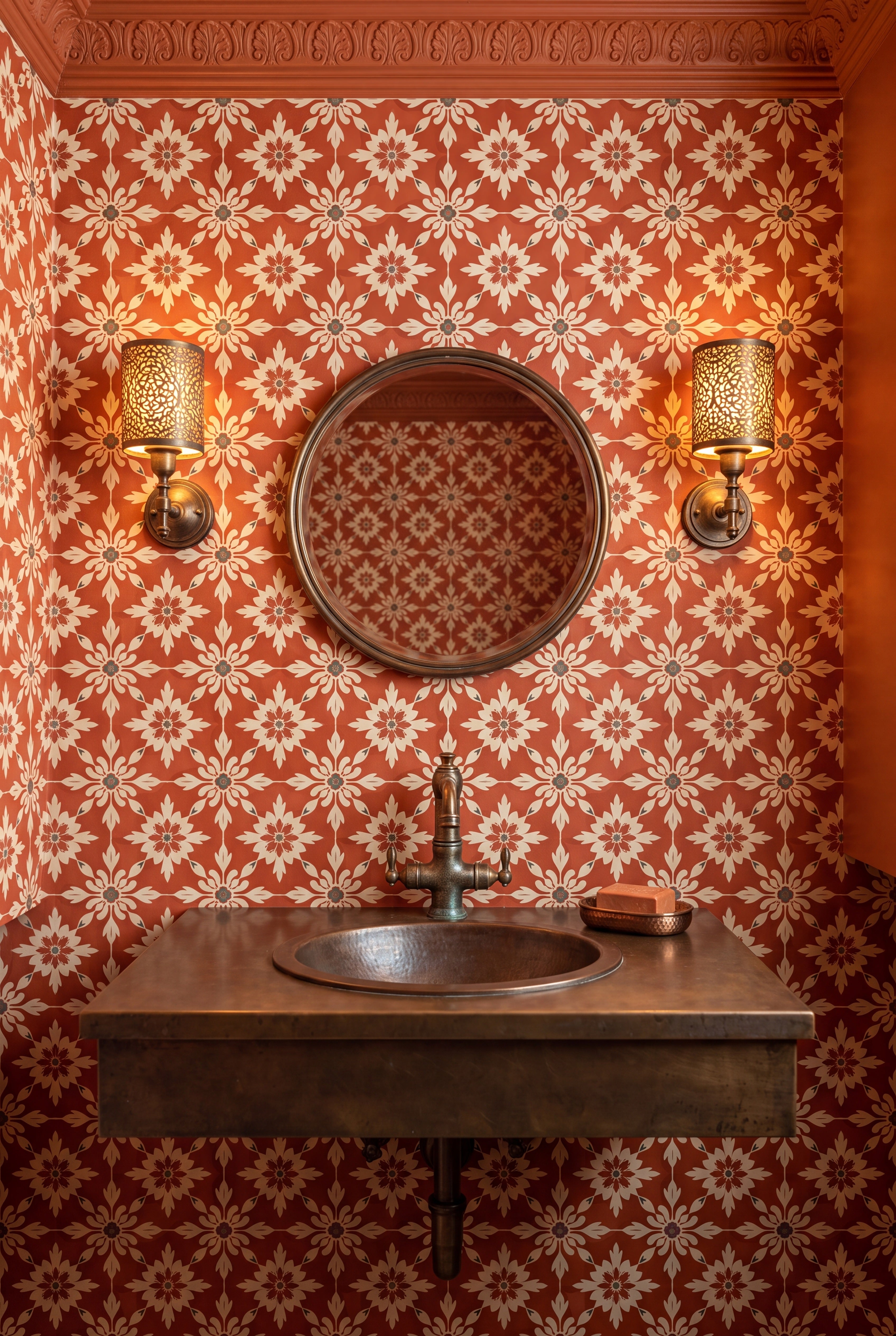 Warm terracotta Scandinavian block-print wallpaper in a powder room.