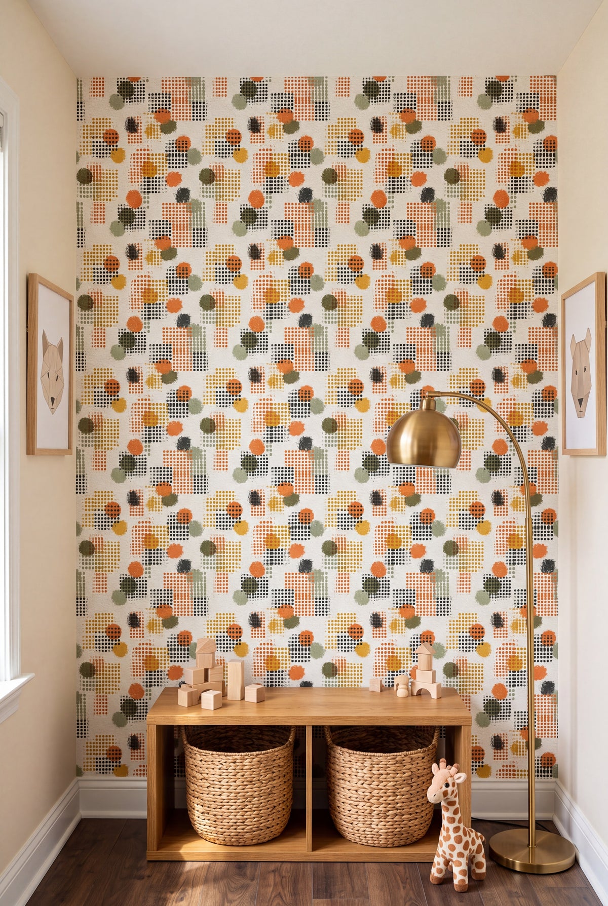 Terracotta and mustard confetti dot wallpaper on white in a child's room.