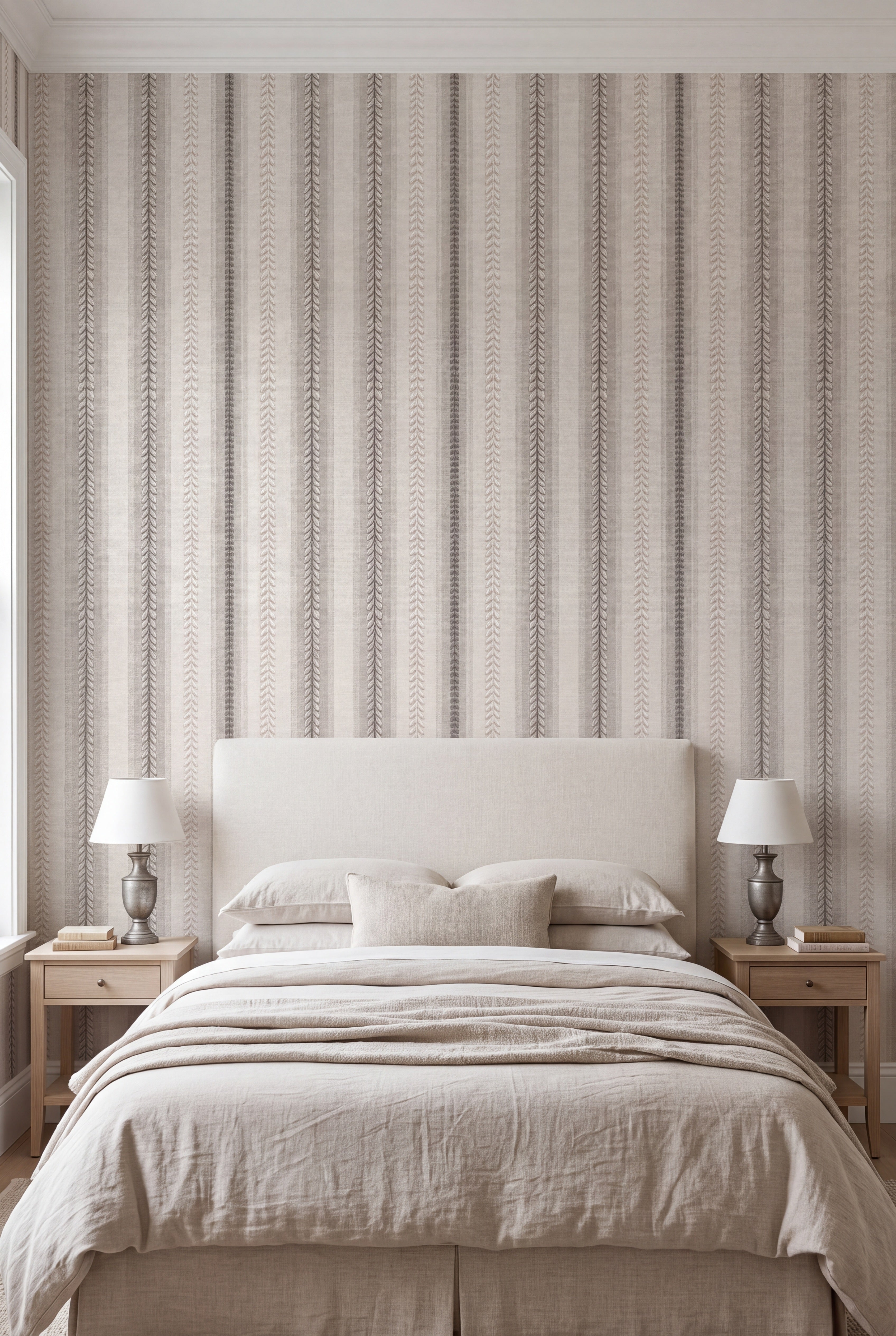 Pale stripe wallpaper with a stitched leaf braid behind a bed.