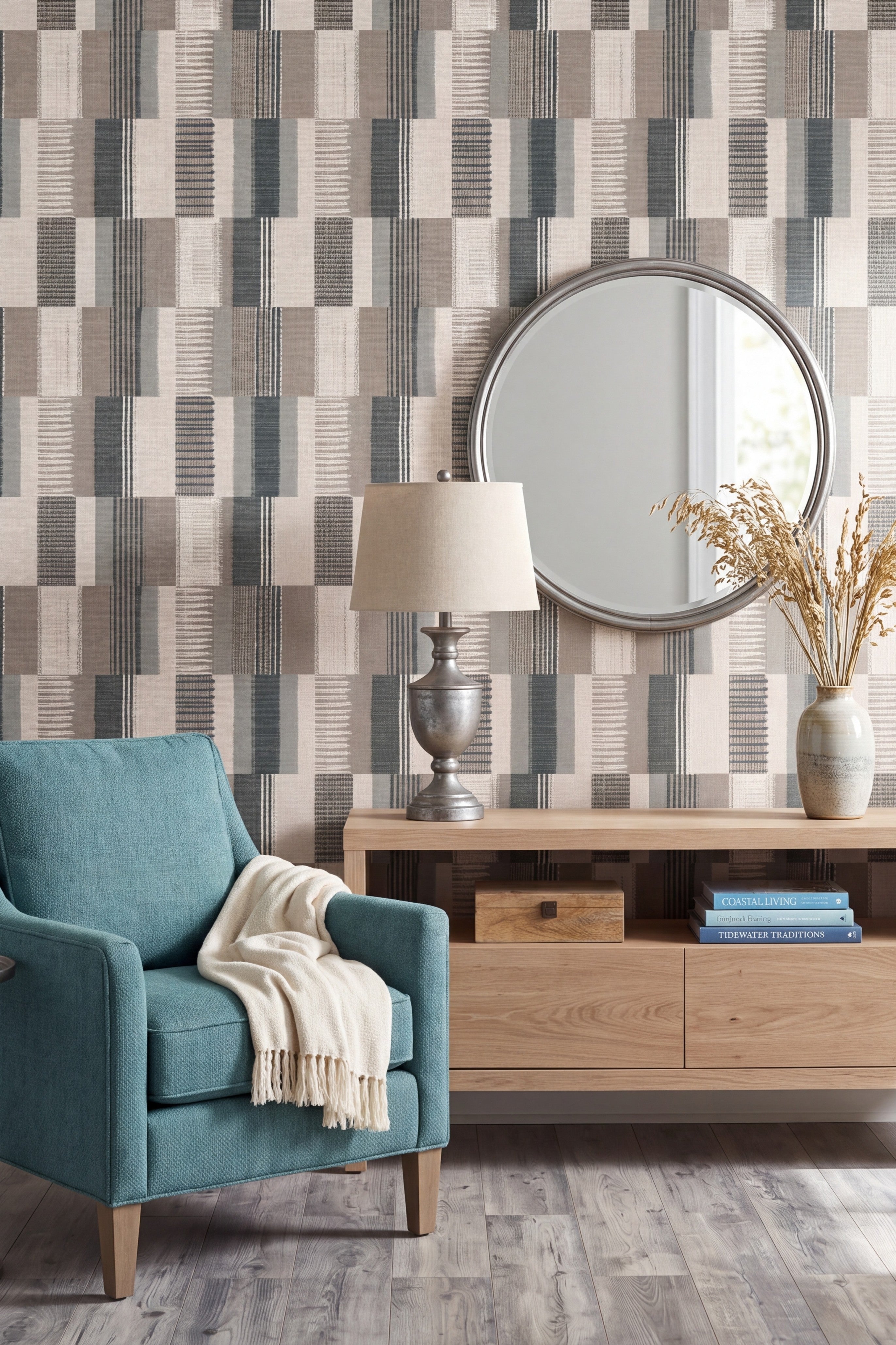 Teal and sage woven patchwork block wallpaper in a living room.