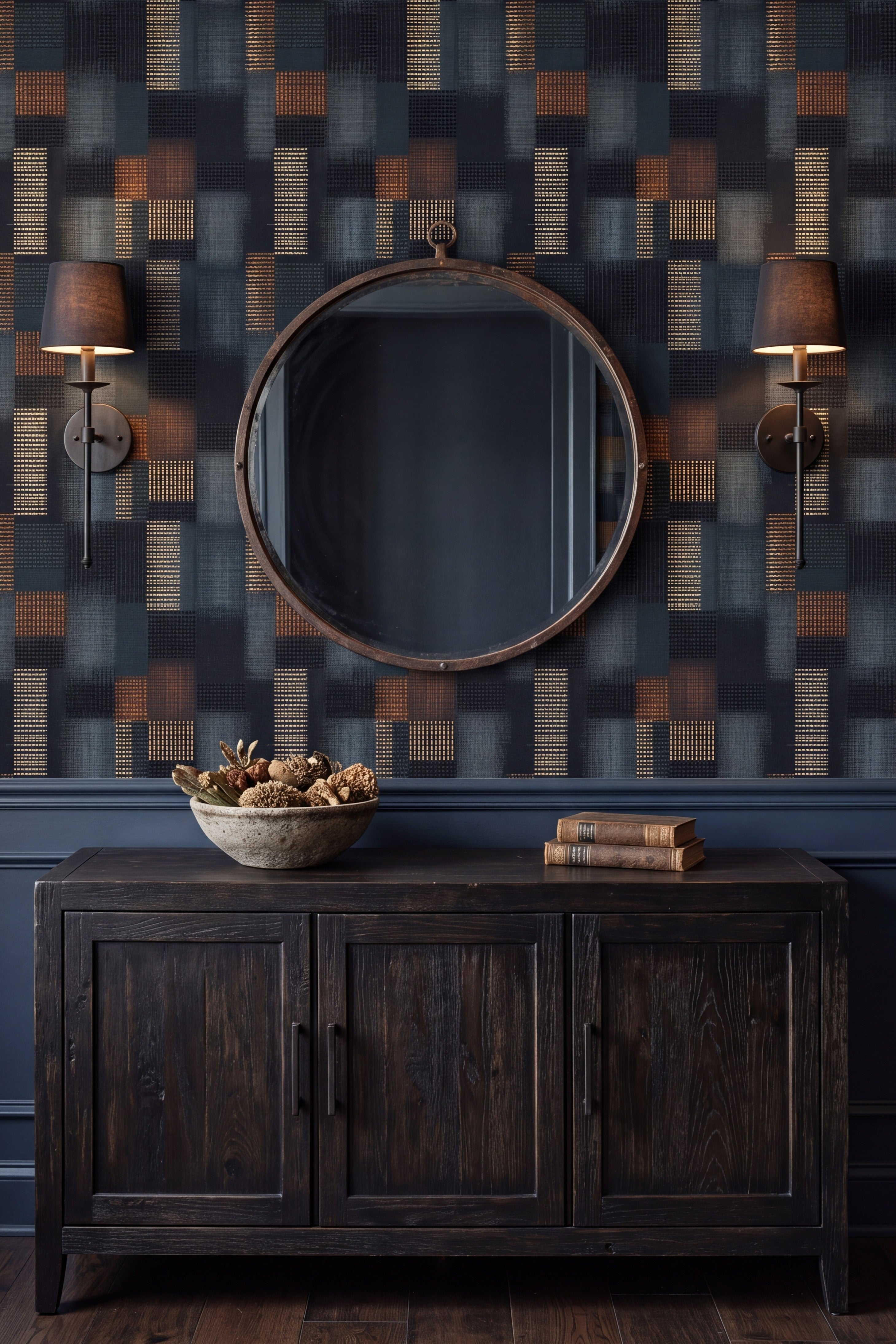 Dark navy patchwork plaid wallpaper with a gold dotted grid in a dining room.