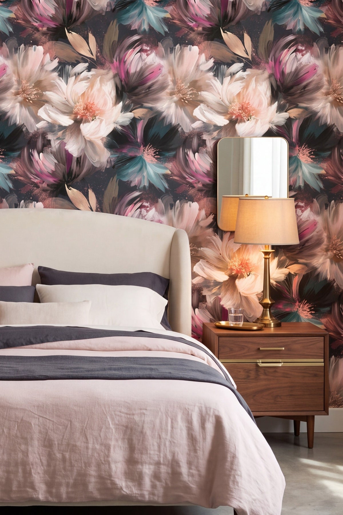Cream and blush peonies with teal accents on a dark floral wallpaper behind a bed.