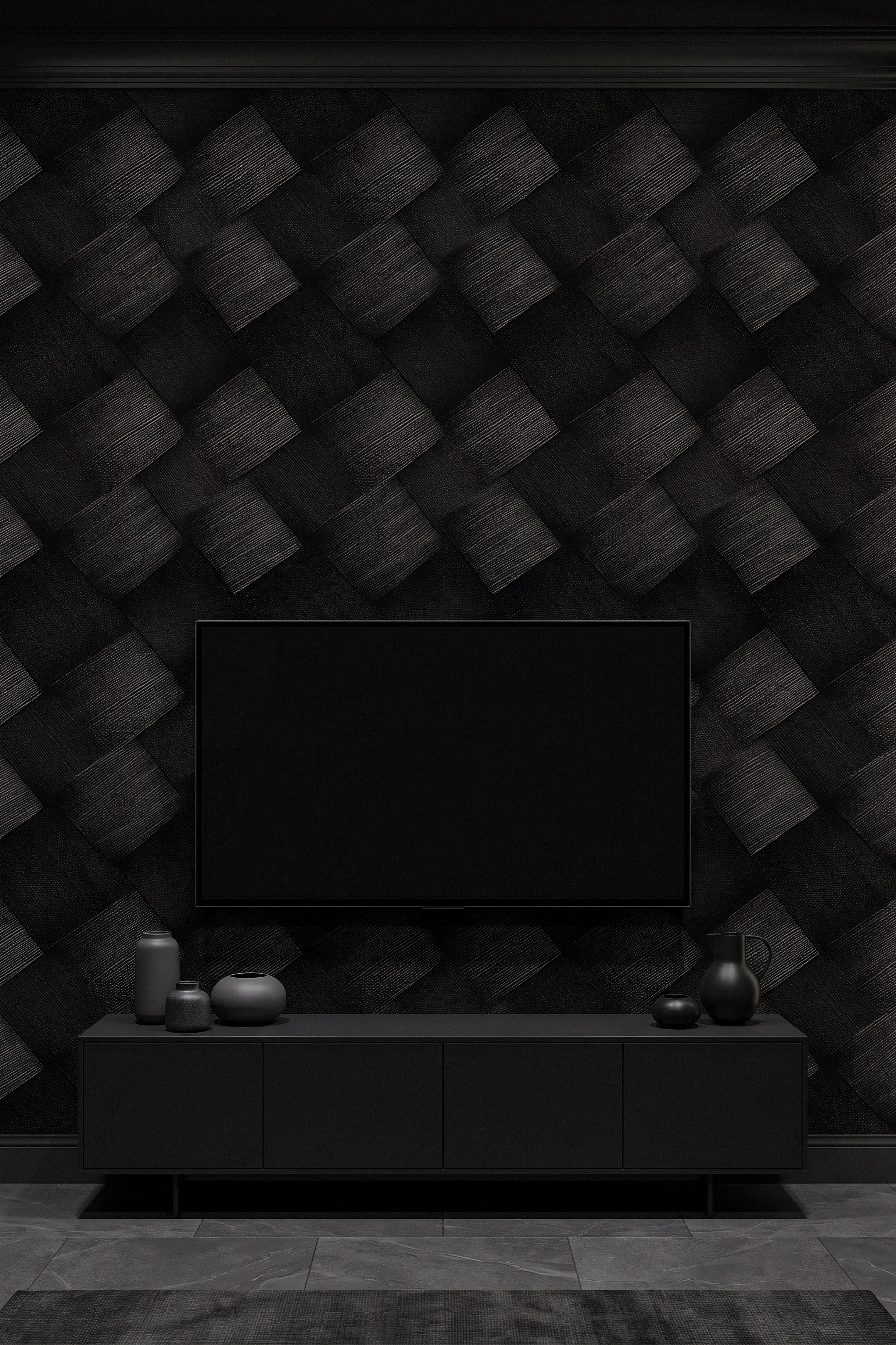 Woven black grasscloth-texture wallpaper in a media room.