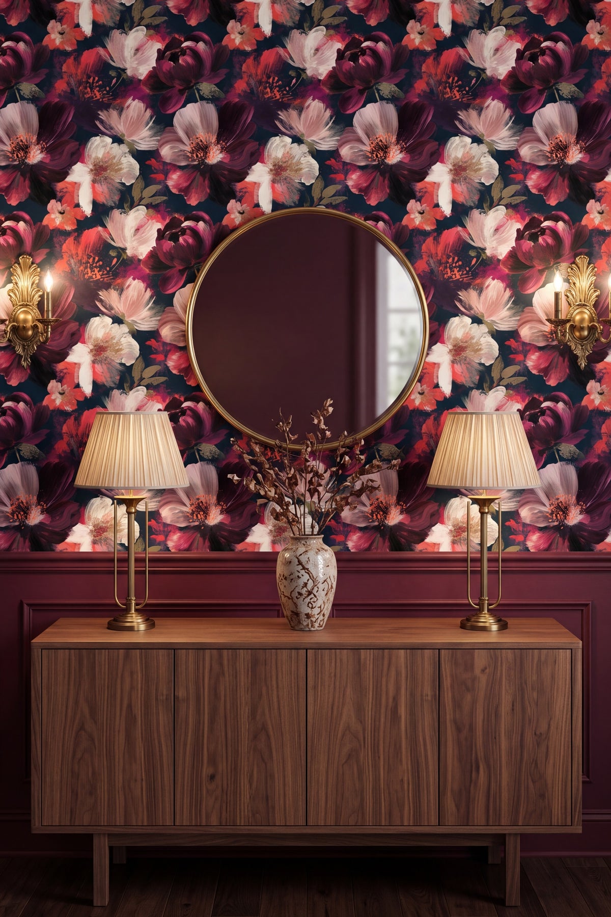 Burgundy and coral peonies on navy floral wallpaper in a dining room.