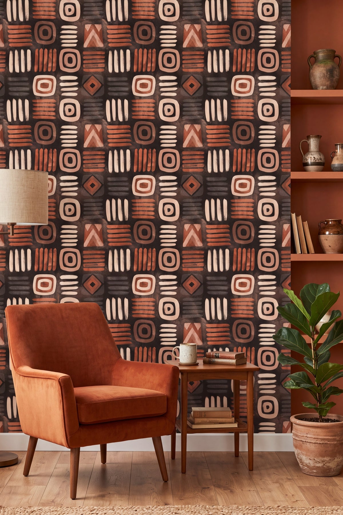Cream and rust block printed grid wallpaper on dark brown in a reading nook.