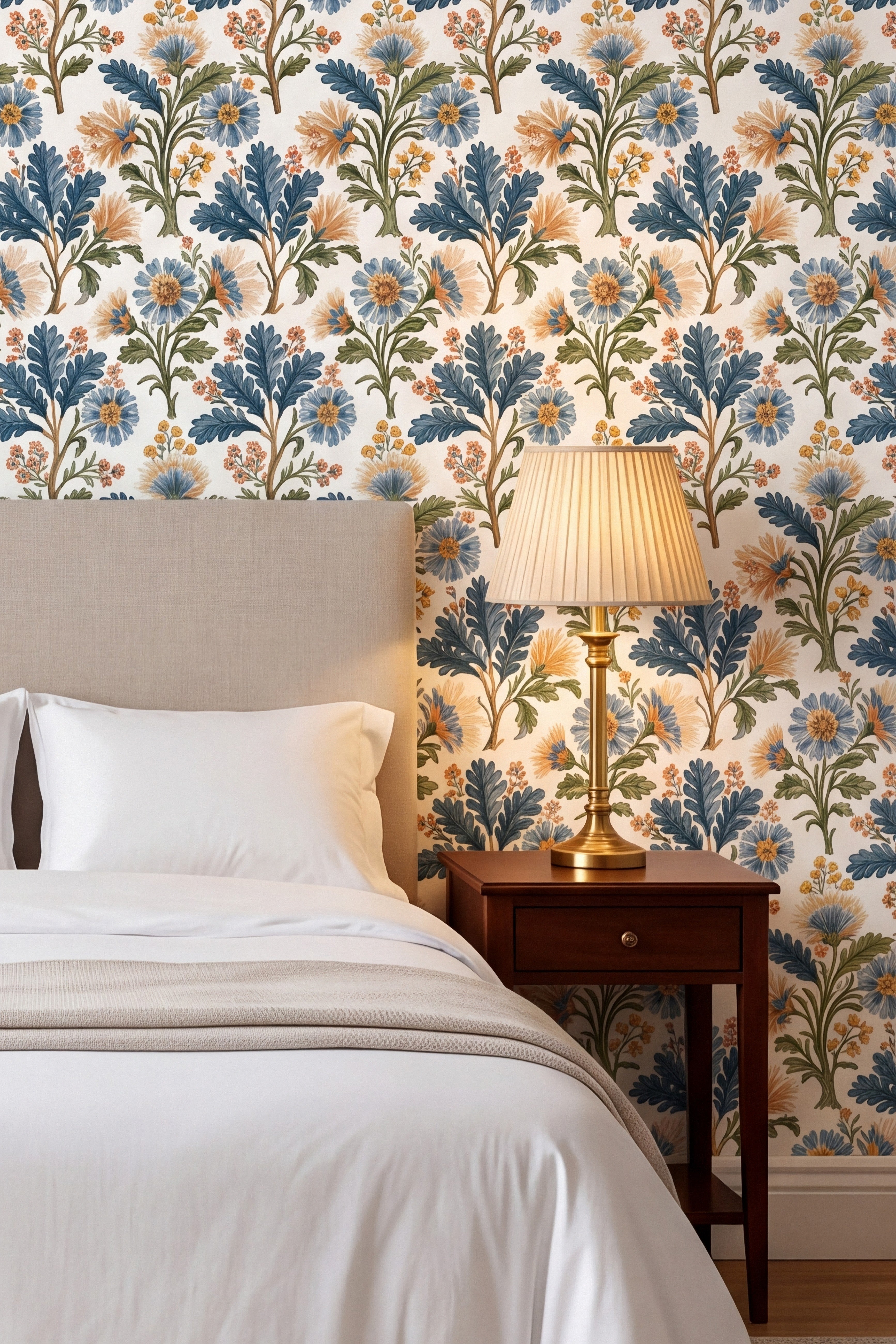 Blue and gold chintz florals in vertical sprays on cream wallpaper behind a bed.