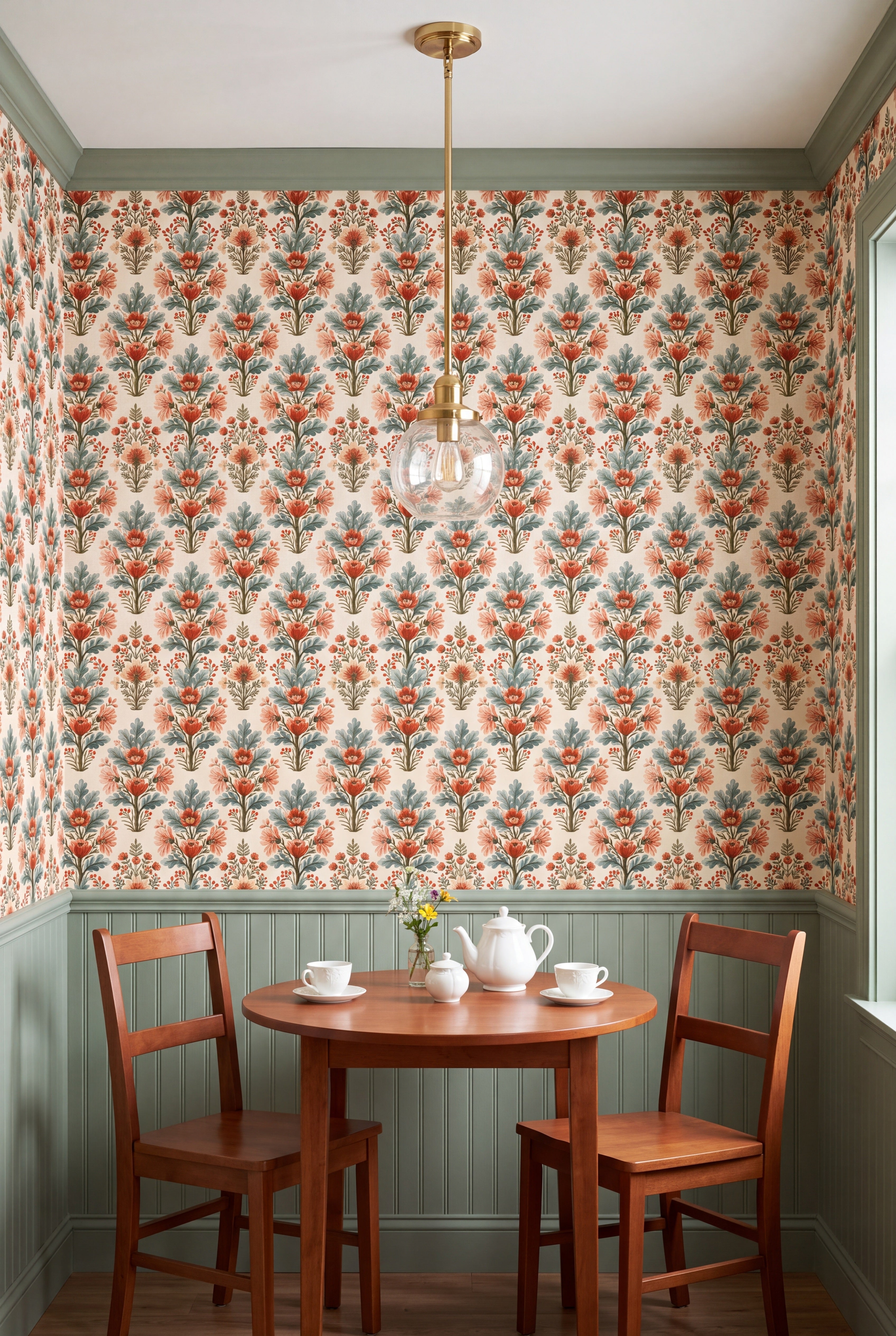 Coral and sage floral sprigs in even rows on cream wallpaper in a kitchen.