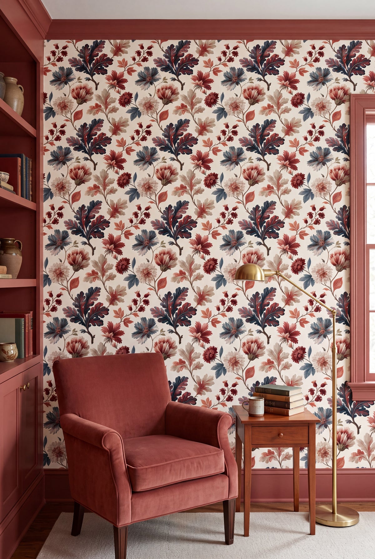 Muted red and blue autumn blooms on cream wallpaper in a reading nook.