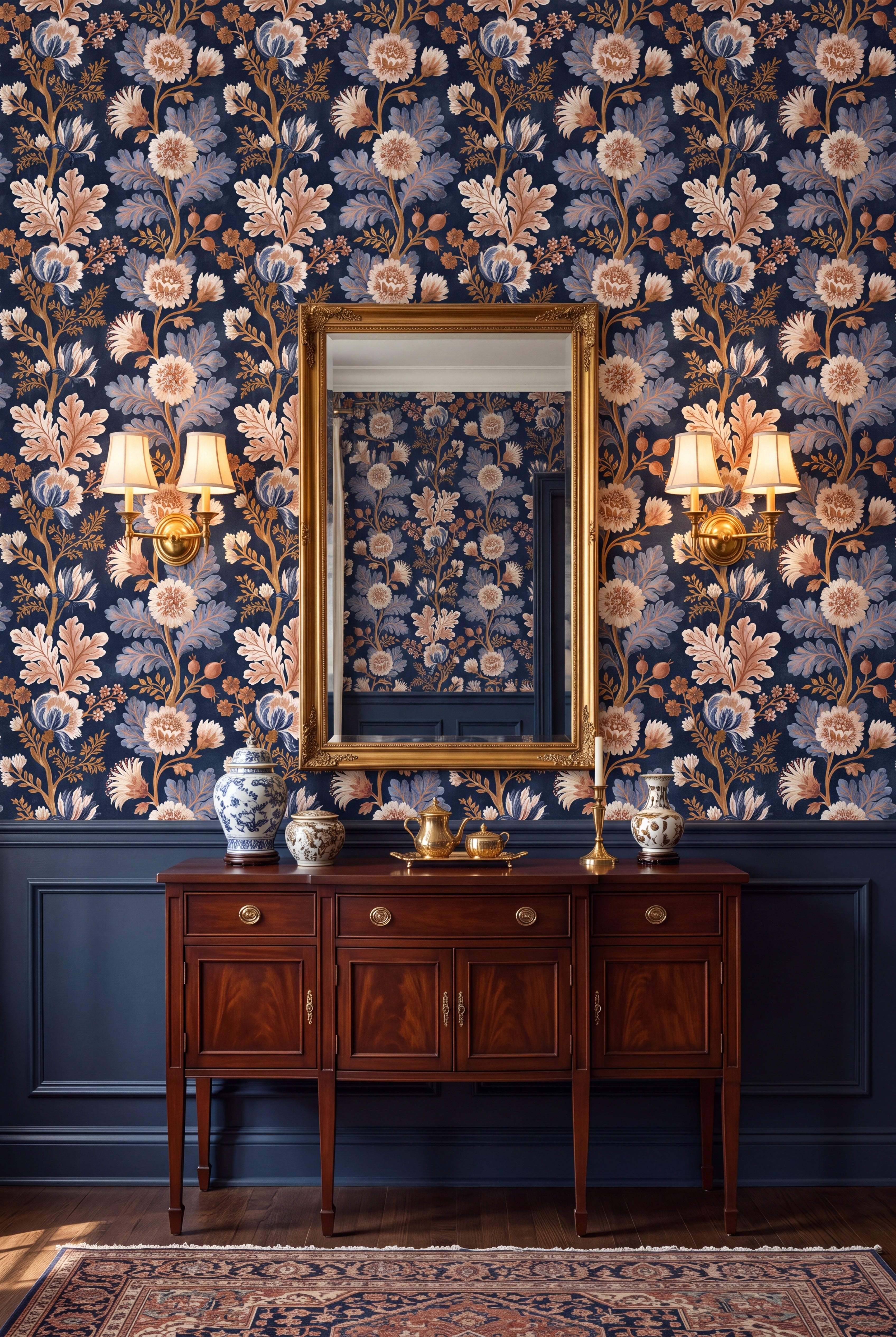 Cream and copper Indienne florals on deep navy wallpaper in a dining room.