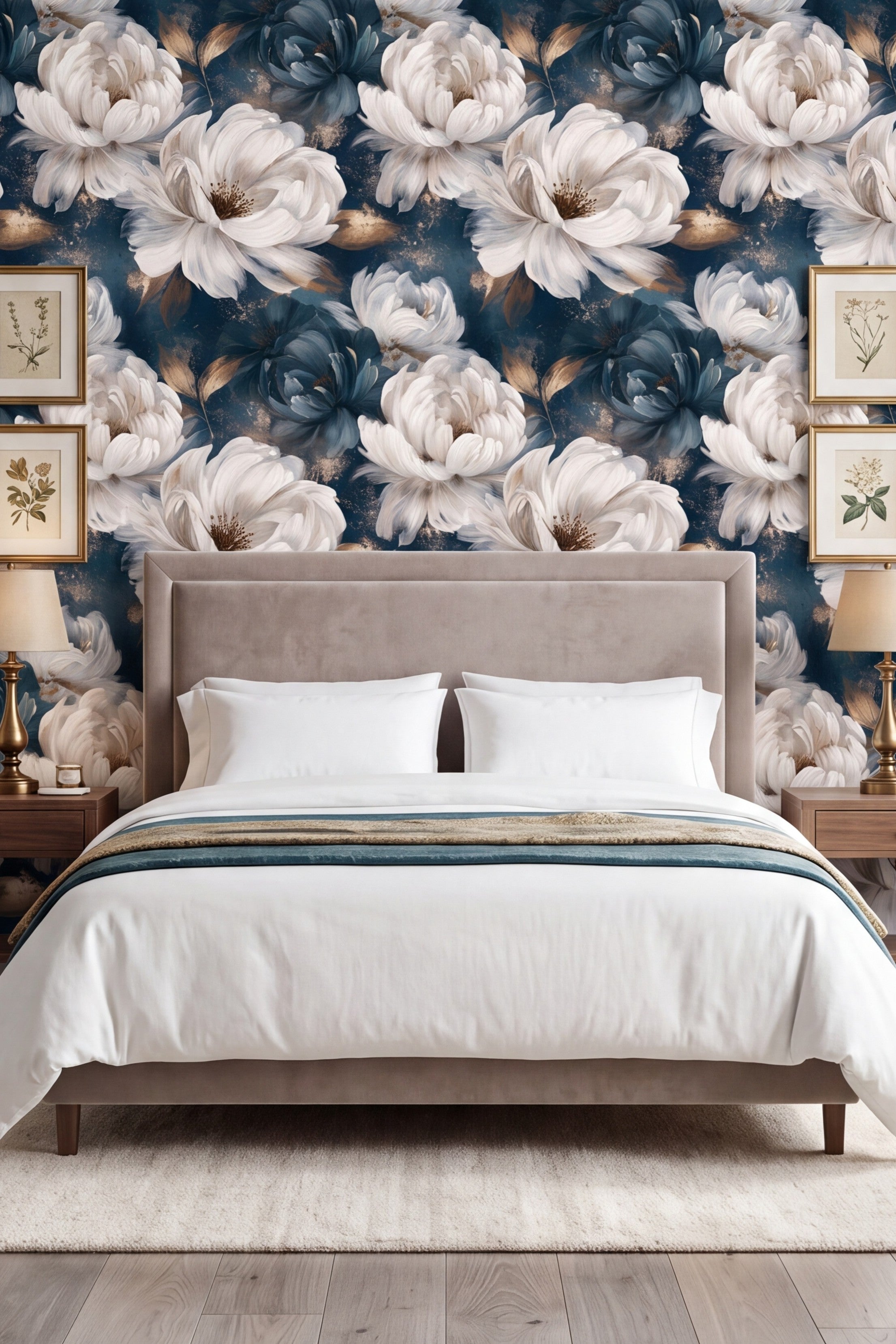 Oversized white peonies with gold leaves on dark teal navy wallpaper behind a bed.
