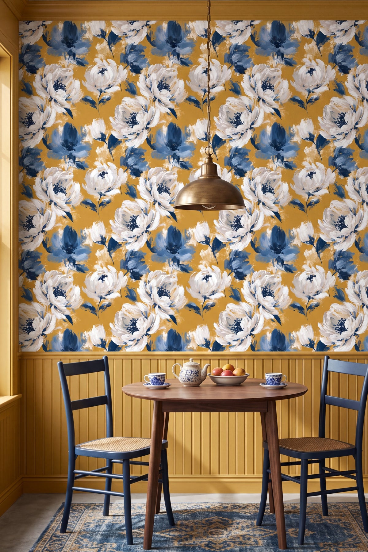 White and blue peonies on a saturated mustard gold wallpaper in a kitchen.