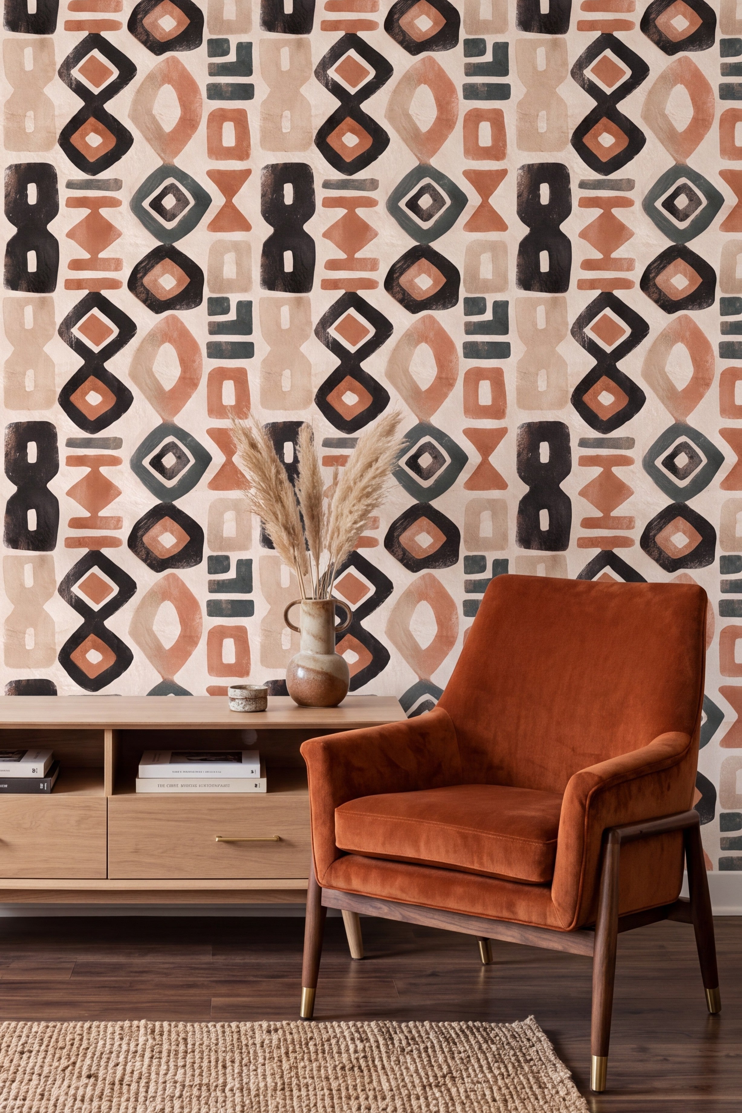 Stacked terracotta and teal diamonds and rounded squares on cream wallpaper in a living room.