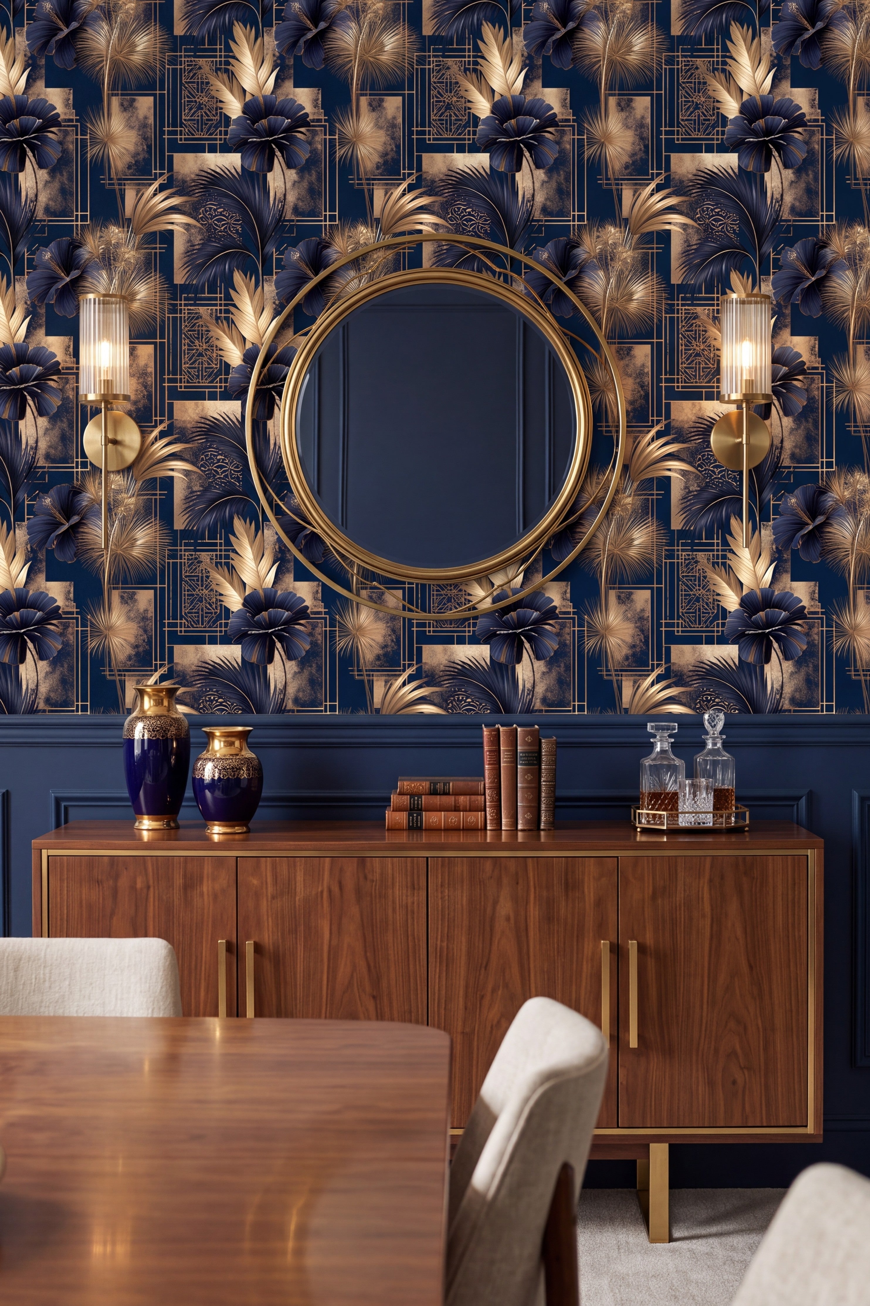 Navy and gold deco blooms and fronds wallpaper in a dining room.
