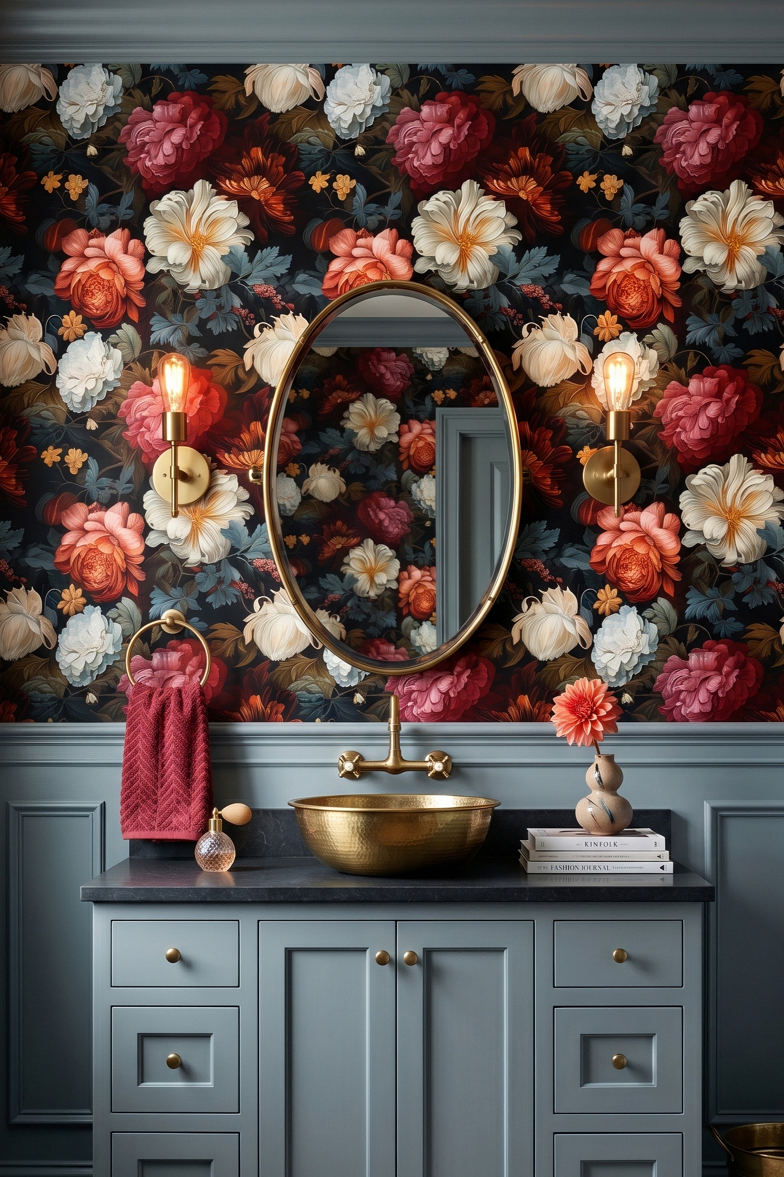 Twilight-dark layered garden botanicals on moody vintage wallpaper in a powder room.