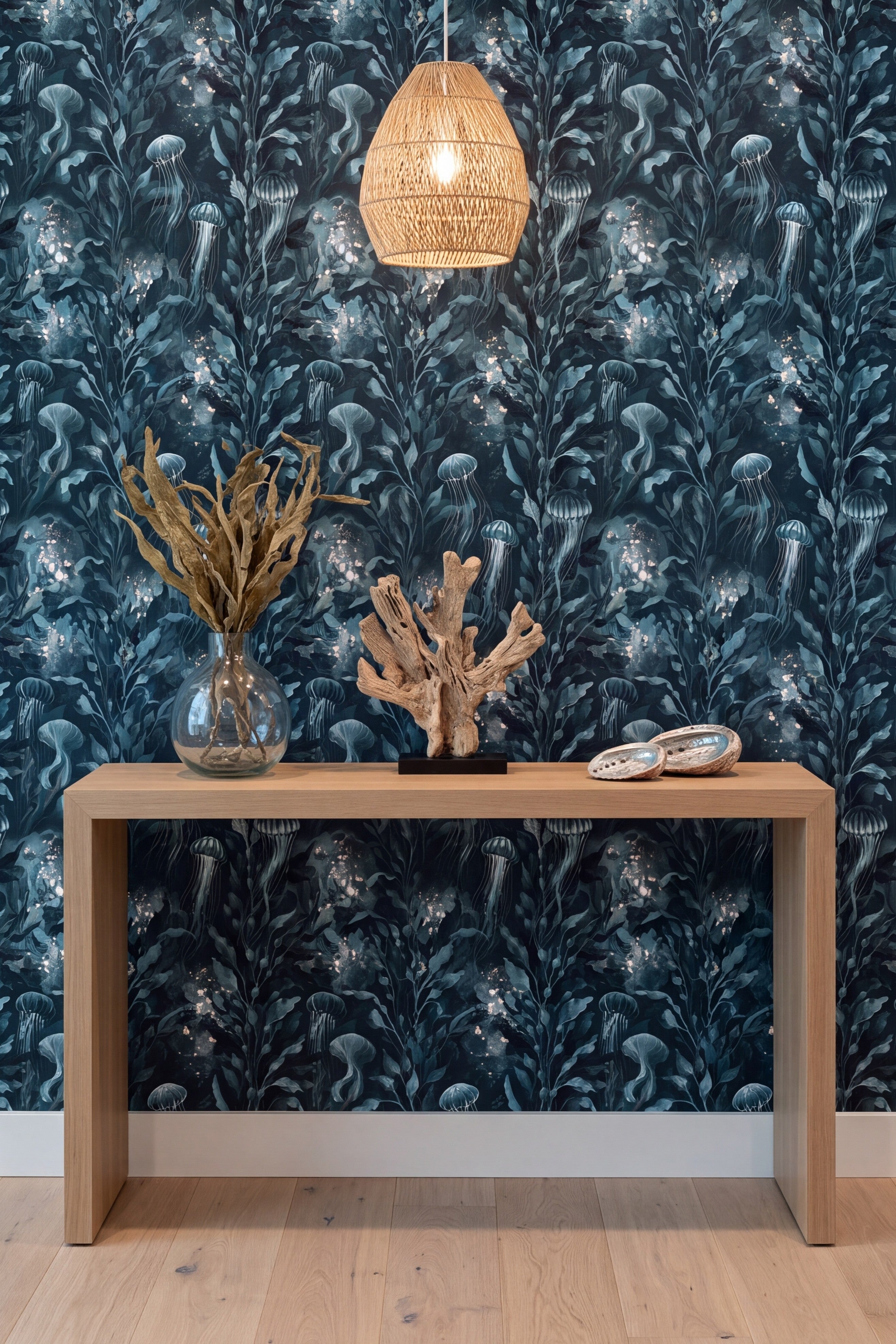 Moon Jelly wallpaper shown in an accent wall