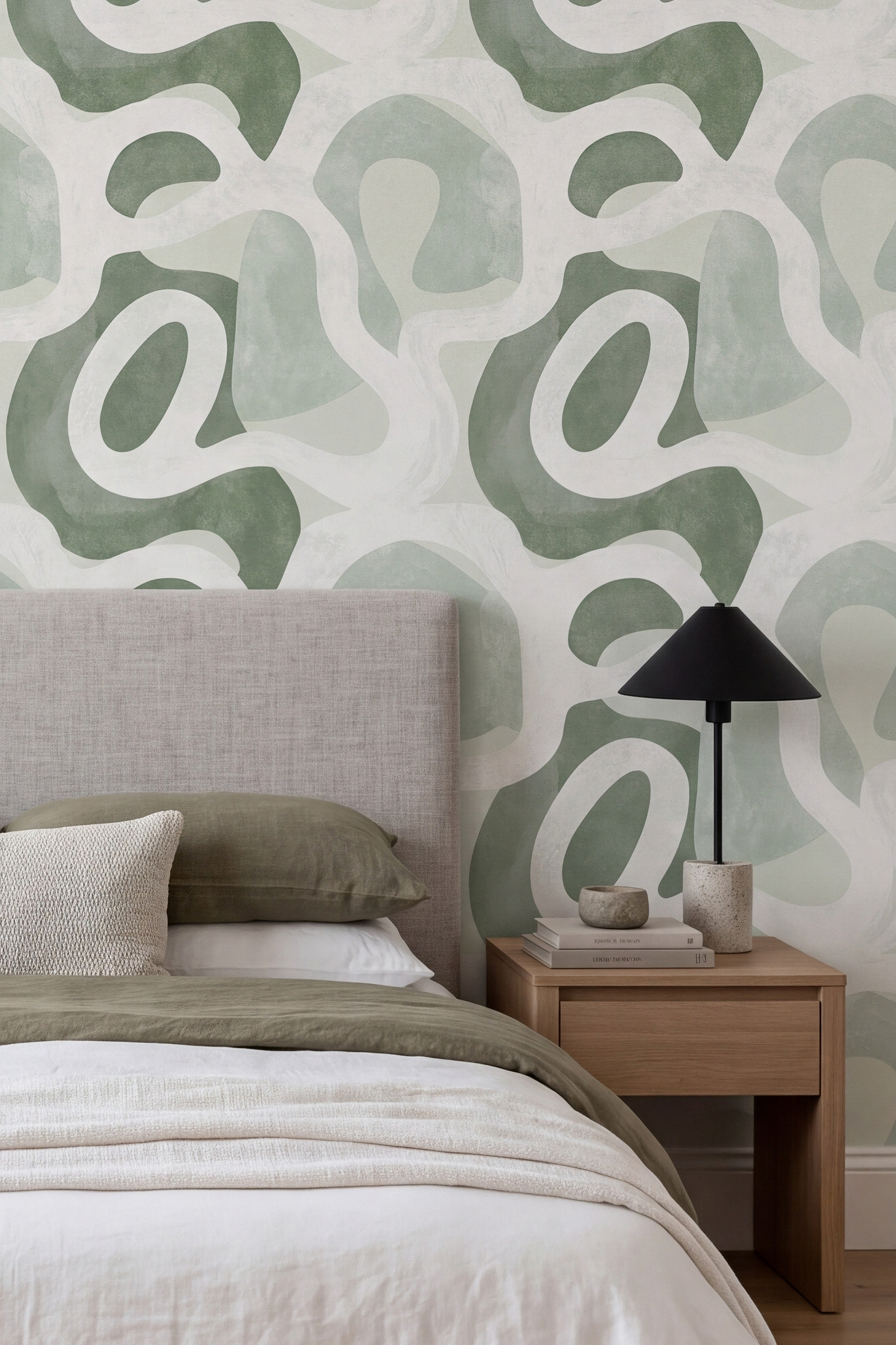Sage Terrain wallpaper shown in a bedroom
