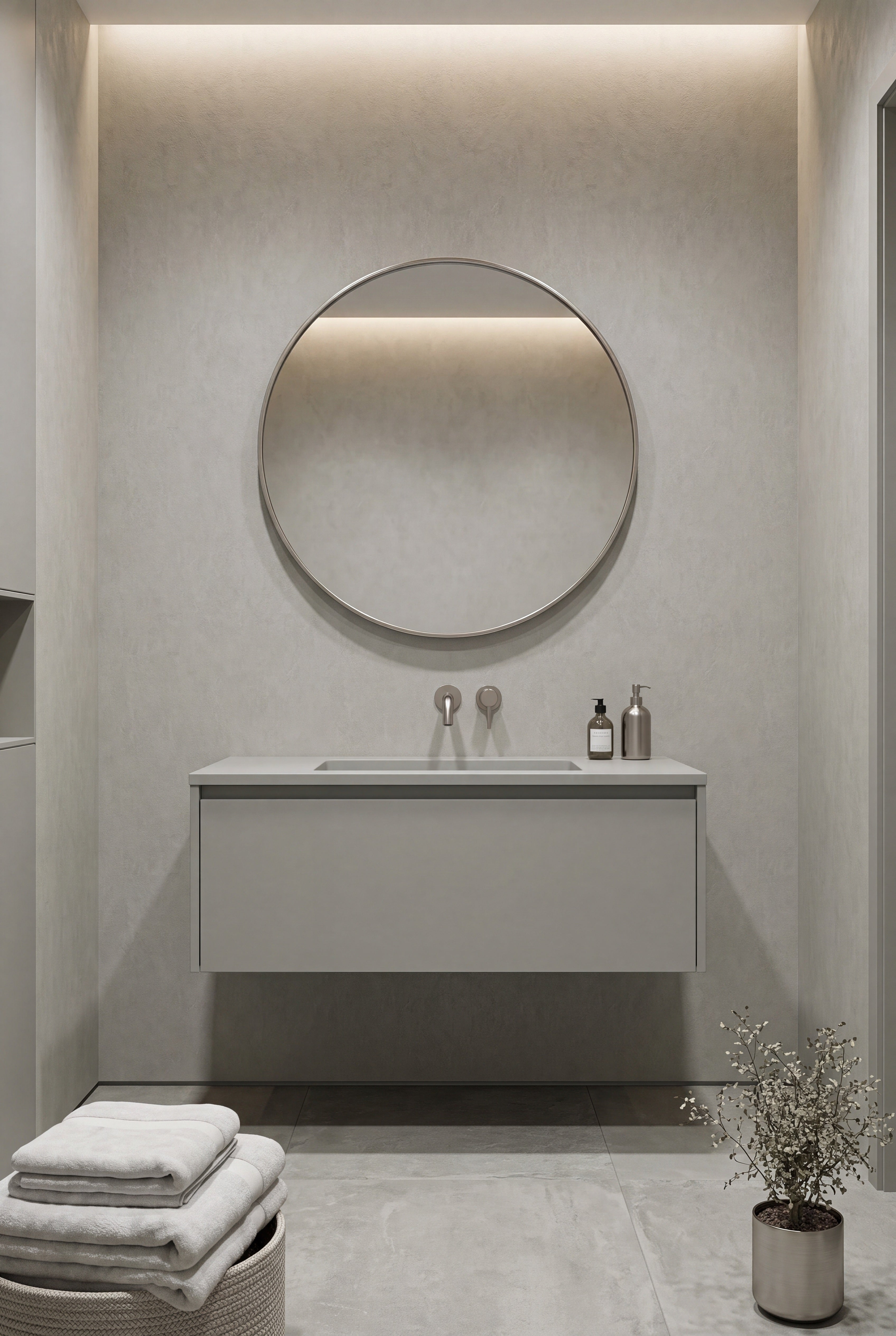 Sage-gray plaster limewash texture wallpaper in a powder room.