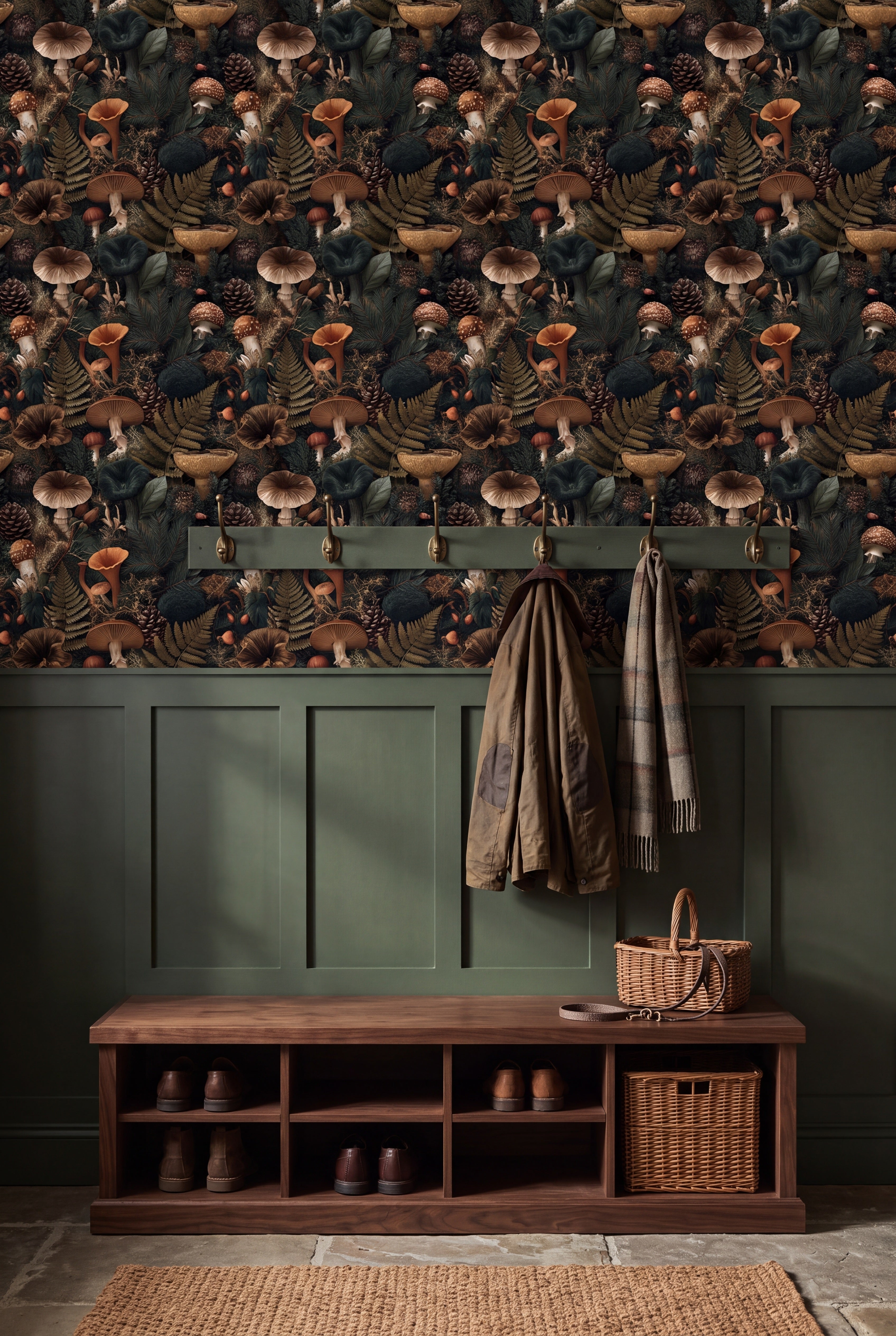 Chanterelles, pinecones and ferns on deep moss wallpaper above a mudroom bench.